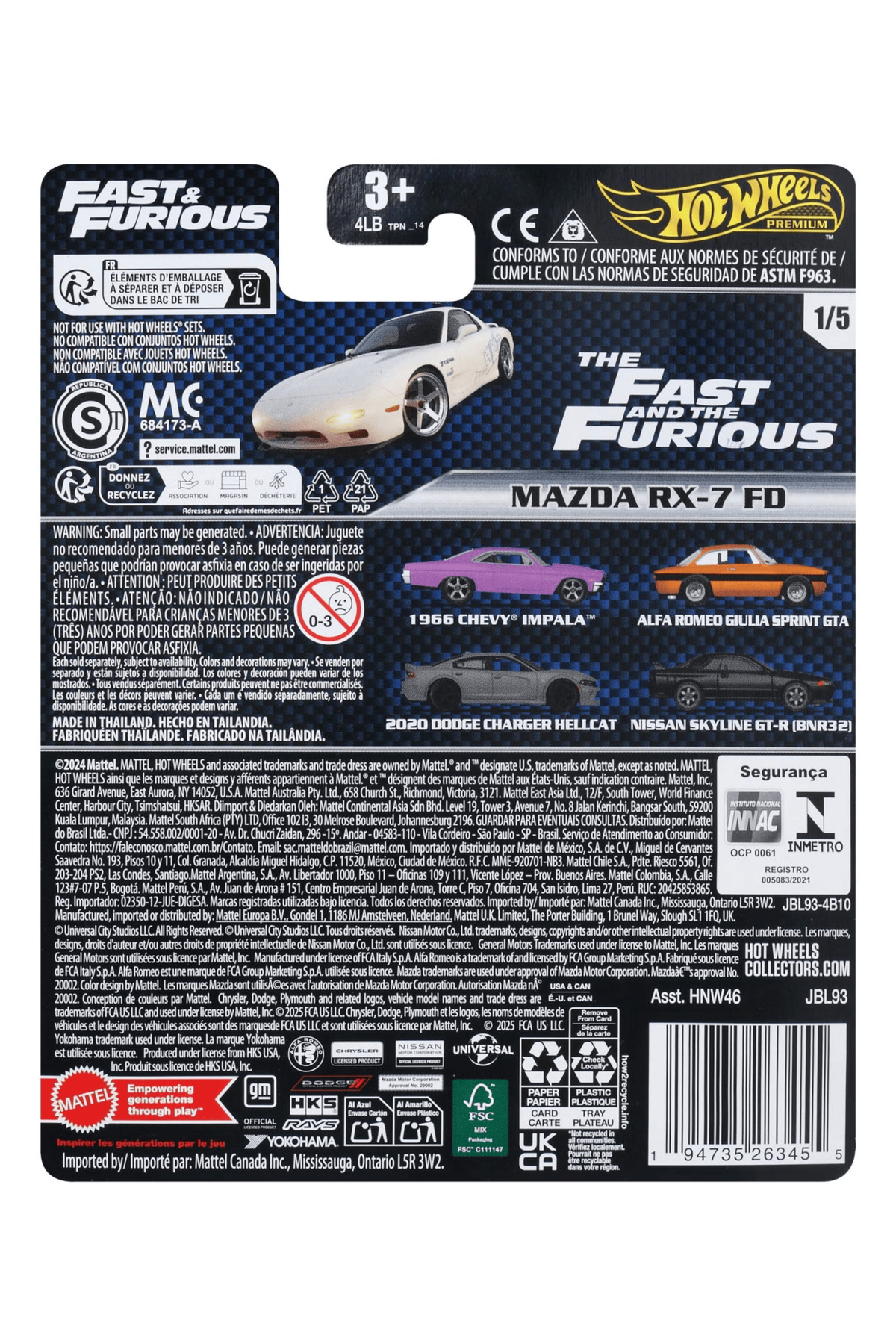 ماشین اسباب بازی MIX MAZDA RX 7 FD PREMIUM FAST AND FURIOUS هات ویلز اورجینال HOT WHEELS