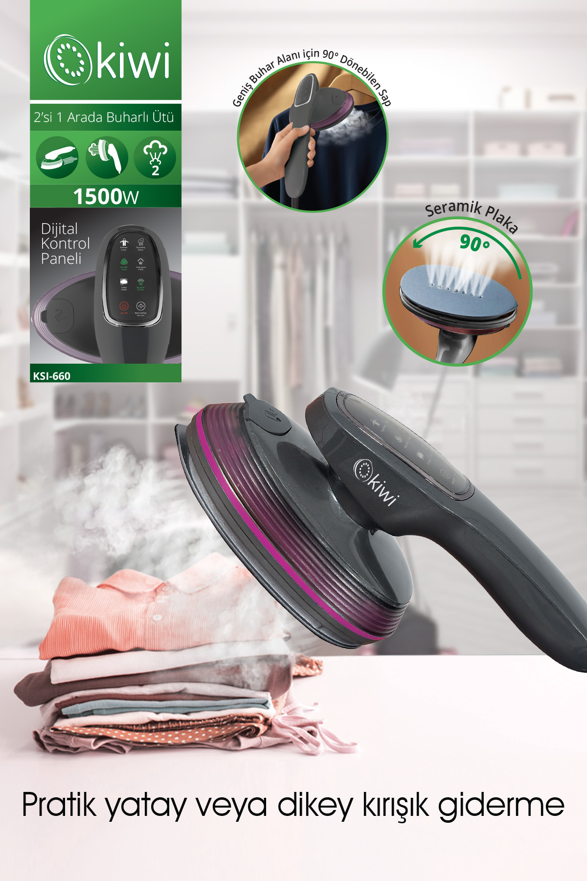 اتو بخار 660 2 IN 1 STEAM IRON – 1500W قدرتمند صفحه نمایش LED دسته قابل چرخش 90 درجه اورجینال Kiwi