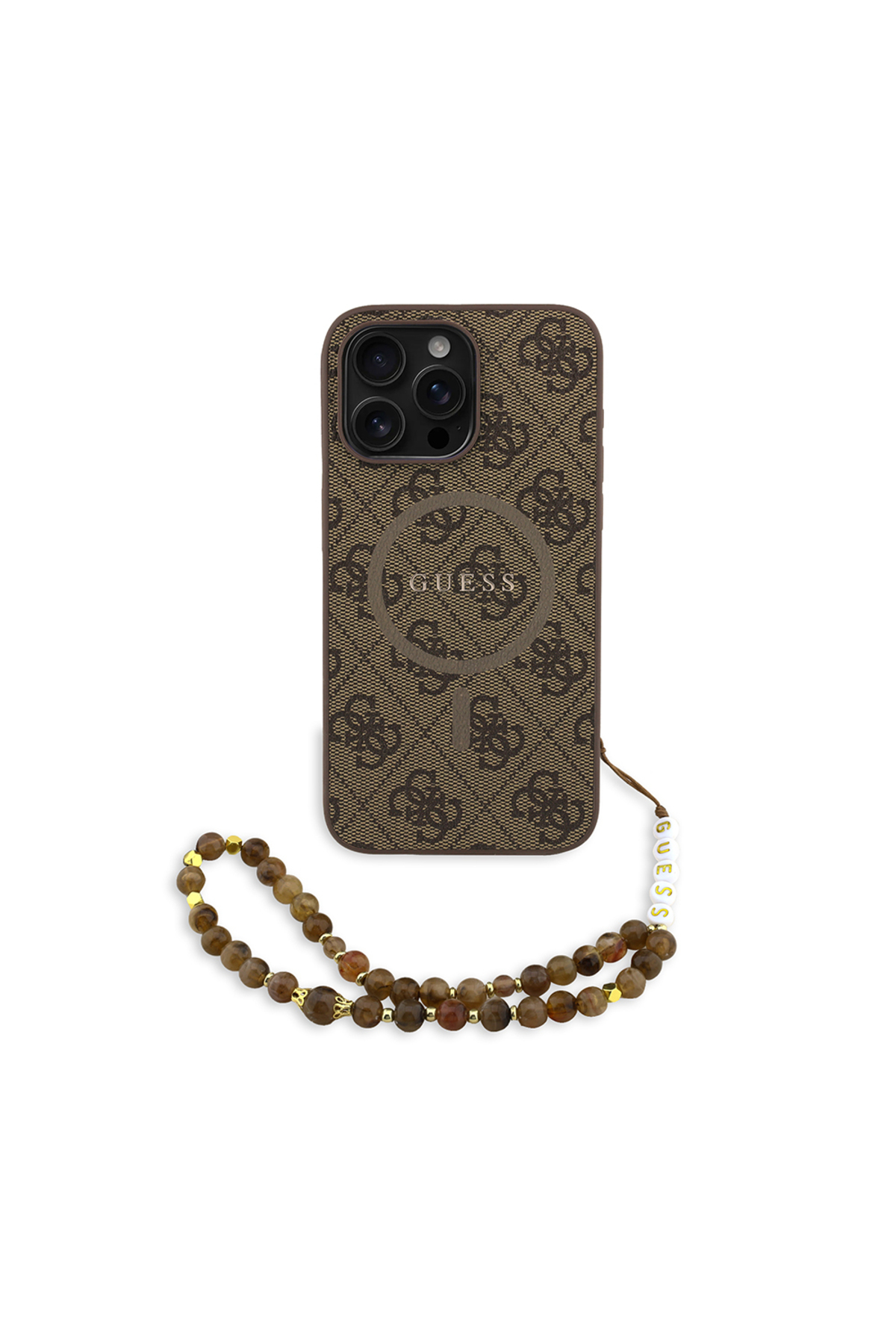 کاور و قاب سازگار با IPHONE 15 PRO MAX دارای مجوز پوشش مچ بند مچی M SAFE لوگوی متنی قهوه ای اورجینال Guess