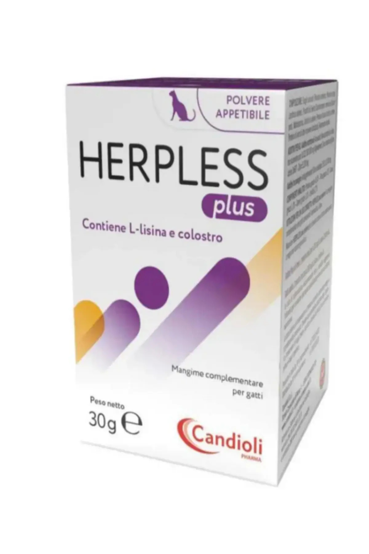 پودر مکمل گربه کاندیولی Candioli Cat Herpless Plus، حاوی ال‌لیزین و آغوز، ۳۰ گرم