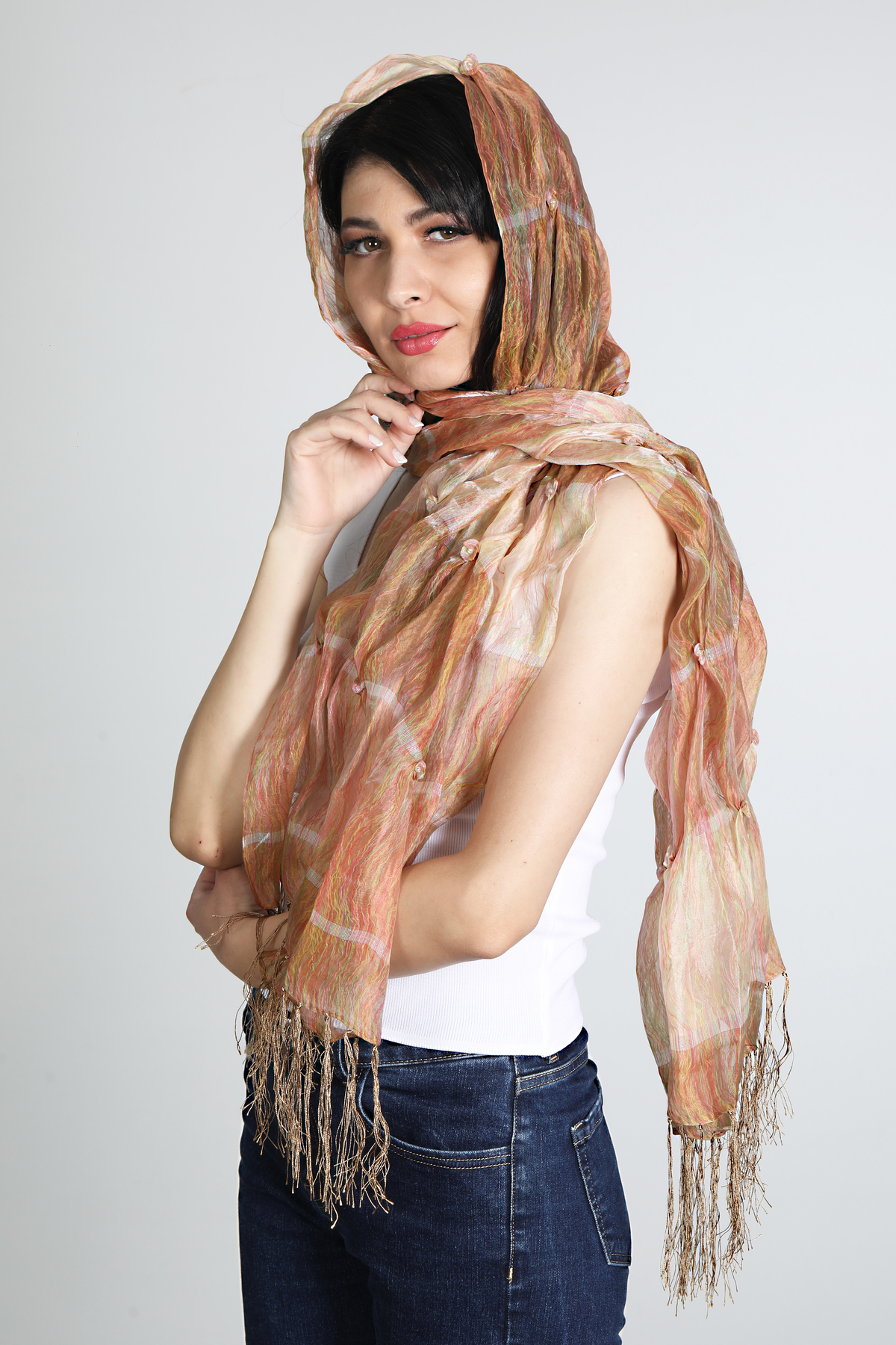شال ابریشم ساتن میستیک Mystic مدل MS-358، رنگ عسلی زنانه