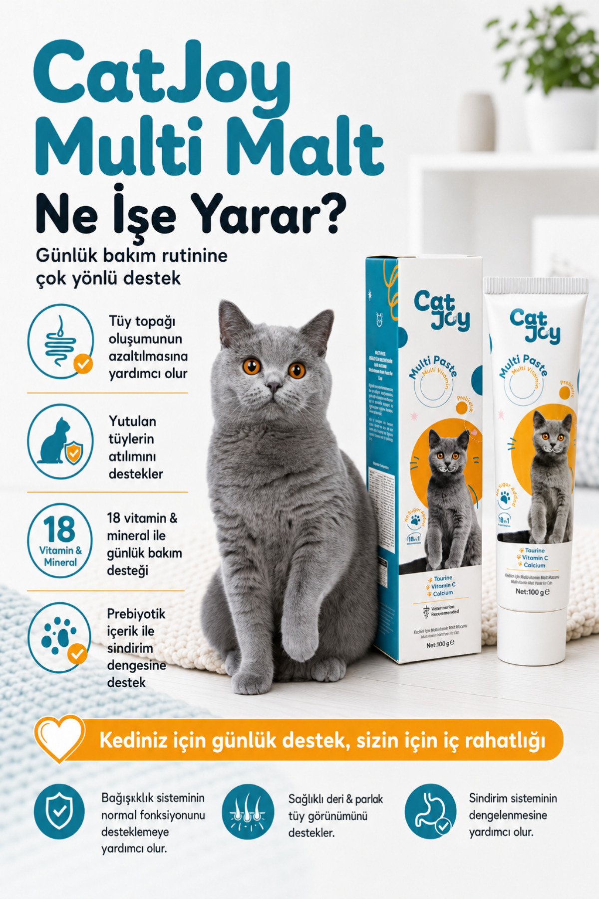 بسته دوتایی مکمل گربه کت‌جوی CATJOY، خمیر مالت مولتی‌ویتامین ۱۰۰ گرم و قطره موی گربه B Plus، ۵۰ میلی‌لیتر