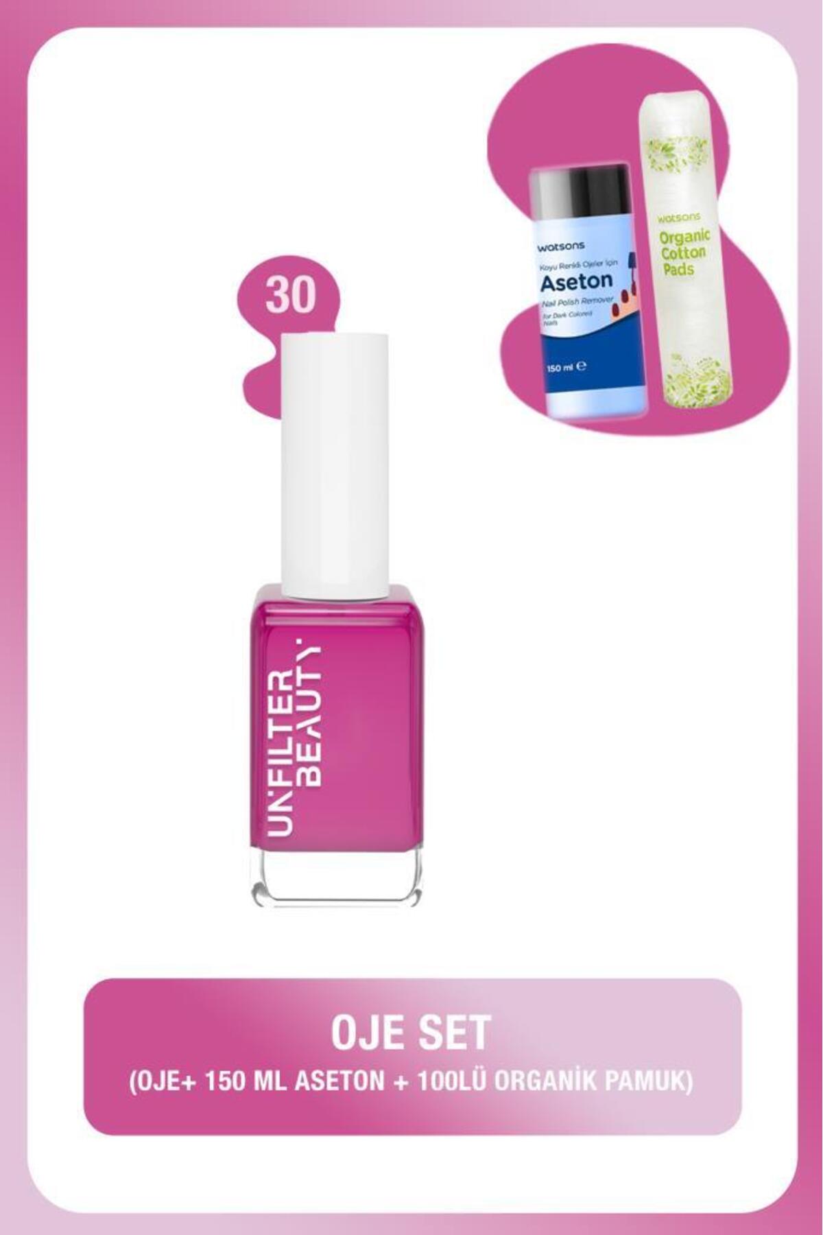 مجموعه لاک ناخن No:30، استون ۱۵۰ میلی‌لیتری و ۱۰۰ عدد پنبه آنفیلتر بیوتی Unfilter Beauty