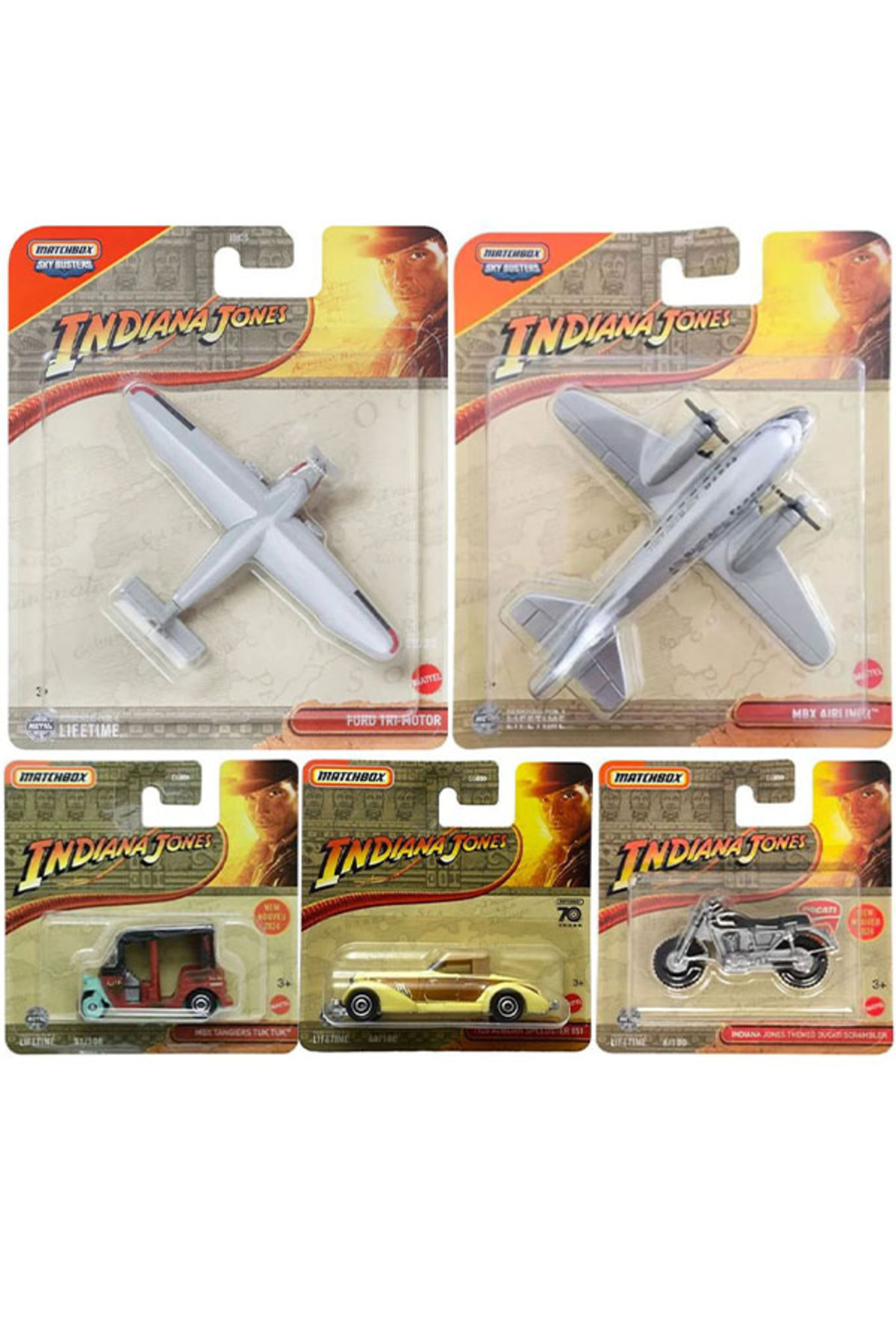 ماشین اسباب بازی MATCHBOX 5 VEHICLE INDIANA JONES SET 1936 AUBURN SPEEDSTER MBX AIRLINER DUCATI SCRAMBLER FORD TRI MOTOR از ترکیه HOT WHEELS