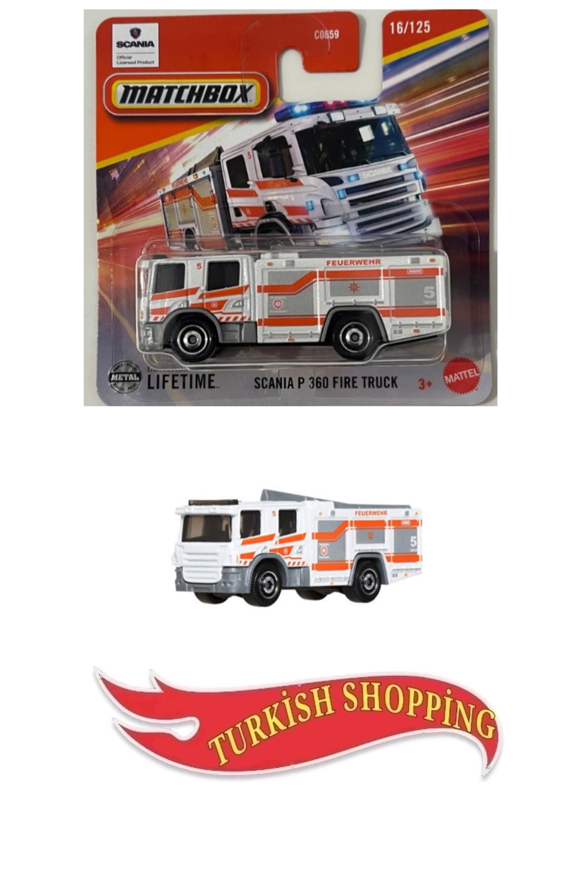 ماشین اسباب بازی MATCHBOX 1:64 مقیاس طول عمر SCANIA P 360 کامیون آتش نشانی هات ویلز اورجینال HOT WHEELS