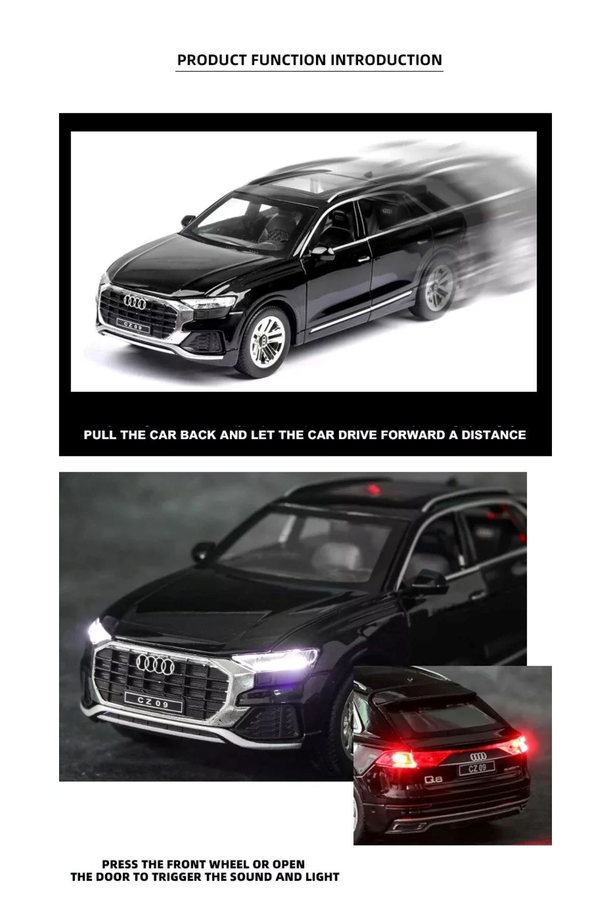 مدل خودرو آئودی Q8 SUV STYLE CAR 1:24 DIECAST METAL MODEL مجموعه ماشین جیپ با صدا و چراغ اورجینال scntoys