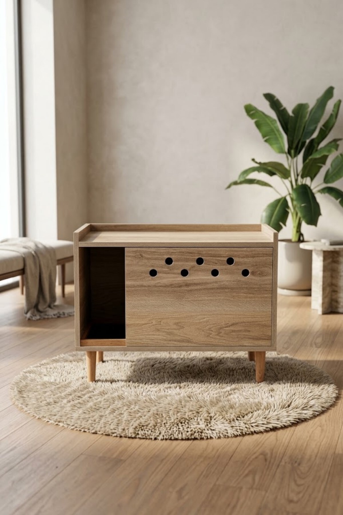 کابینت توالت گربه ریو Reyo، سری Pet Luna، MDF گردویی سوراخ‌دار پایه‌دار