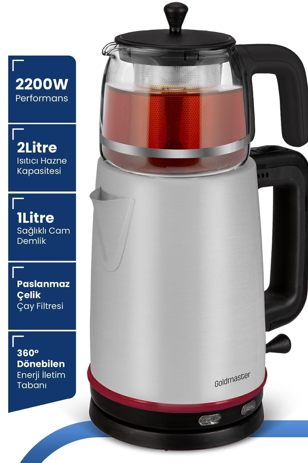 چای ساز و کتری DEM INOX 2200 WATT XL شیشه ای استیل با قوری ضد زنگ اورجینال GoldMaster