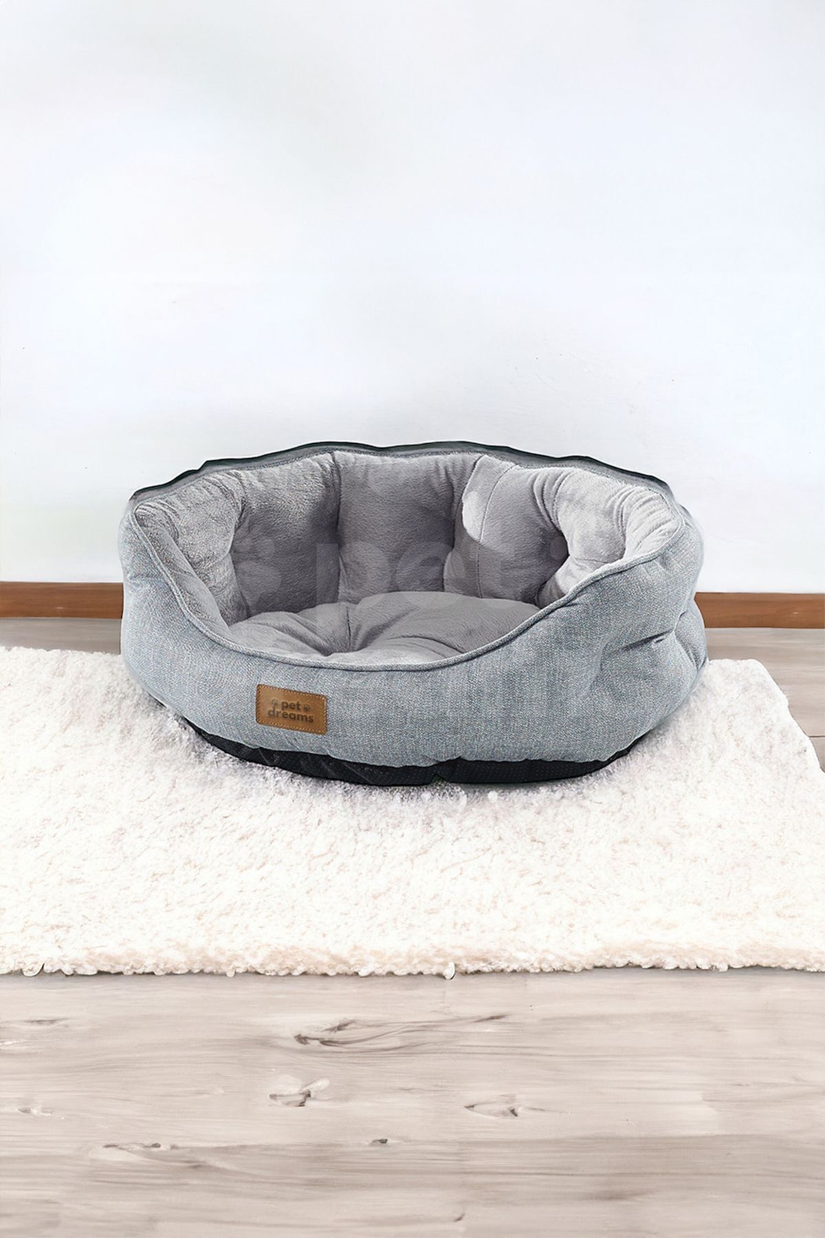 جای خواب حلقه‌ای گربه و سگ پت دریمز Pet Dreams Sprit Lüks، با زیره ضدلغزش و الیاف سیلیکونی خاکستری