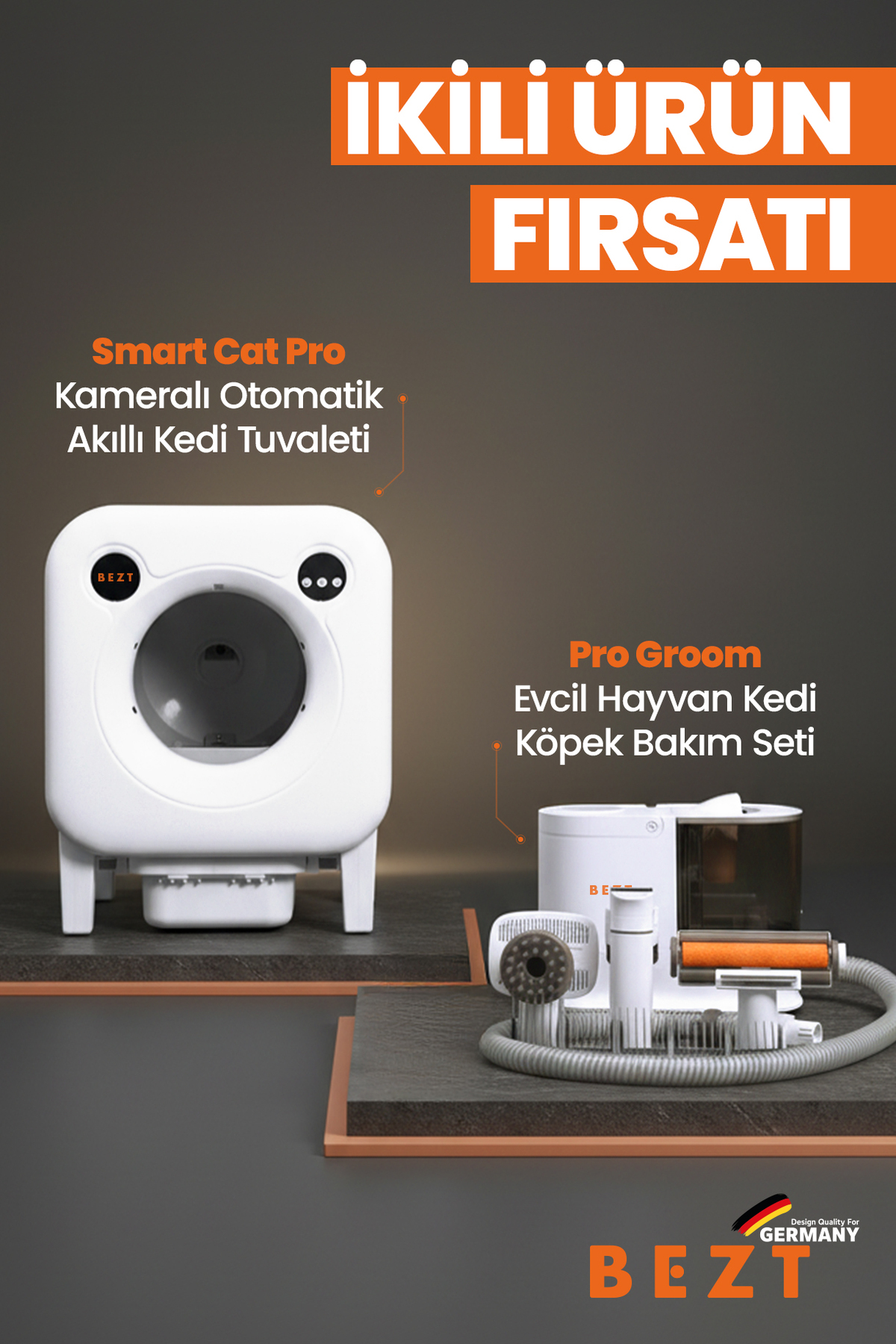 توالت هوشمند گربه دوربین‌دار Smart Cat Pro و ست مراقبت Pro Groom بزت BEZT، مدل 10030 سفید