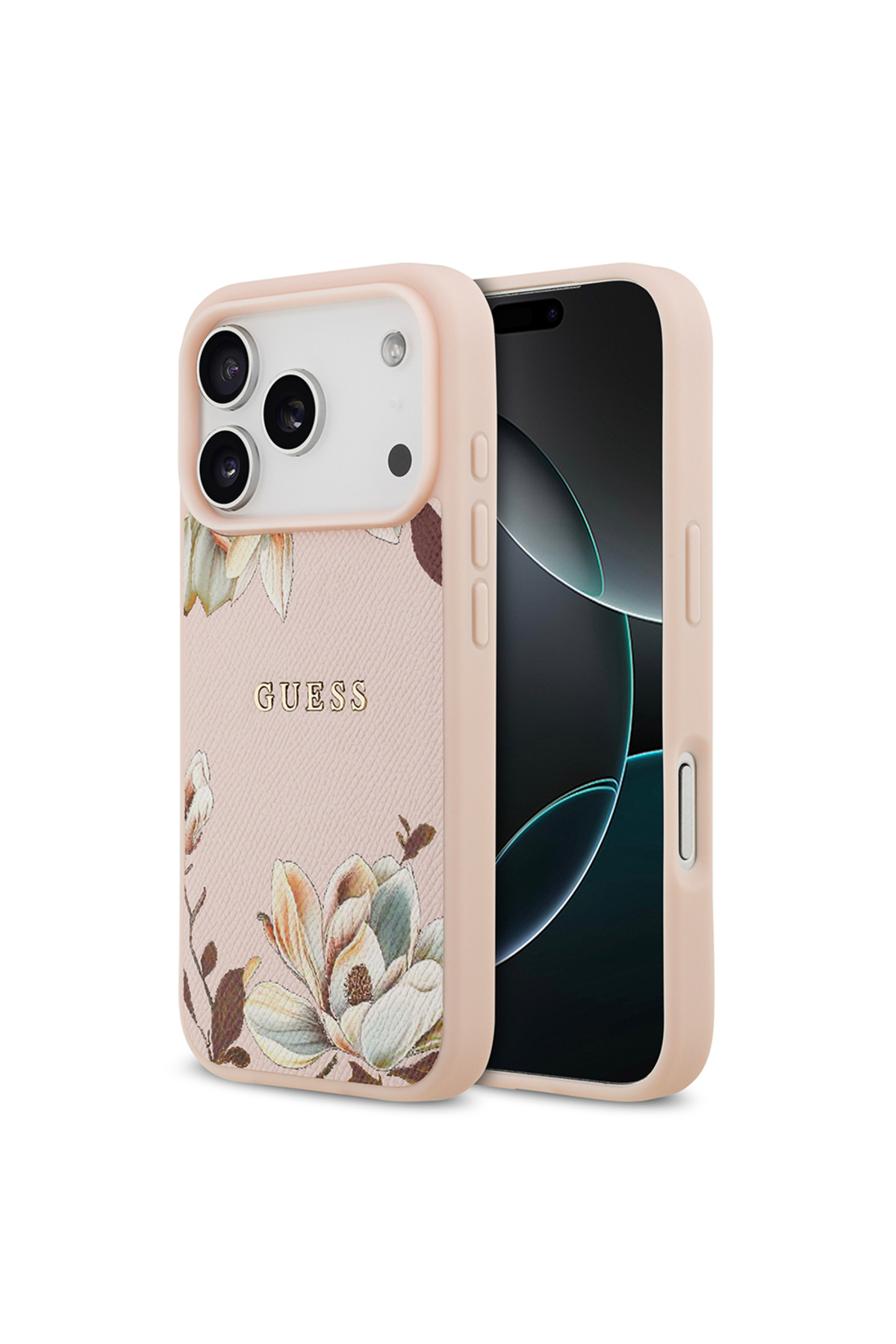کاور و قاب سازگار با IPHONE 17 PRO دارای مجوز M SAFE طرح گل دانه ای فلزی لوگوی متنی صورتی اورجینال Guess
