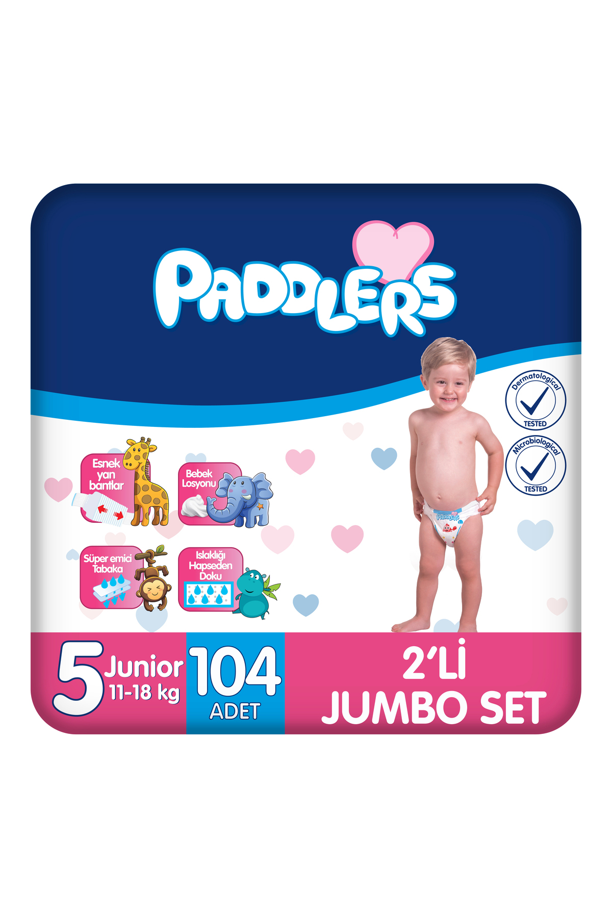 پوشک بچه سایز 5 جونیور 104 تکه 11 18 کیلوگرم ست جامبو 2 تایی اورجینال Paddlers