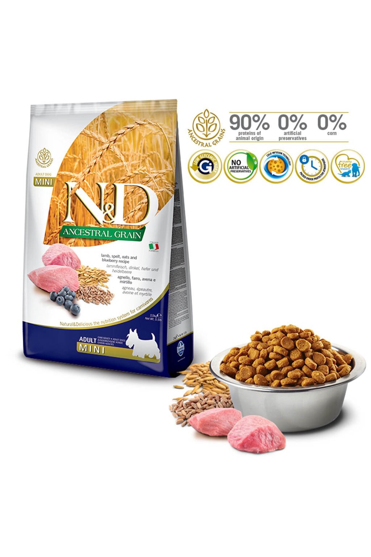 غذای خشک سگ بالغ نژاد مینی ان‌اندی N&D کم‌غله با بره و بلوبری، ۲٫۵ کیلوگرم 2,5 KG