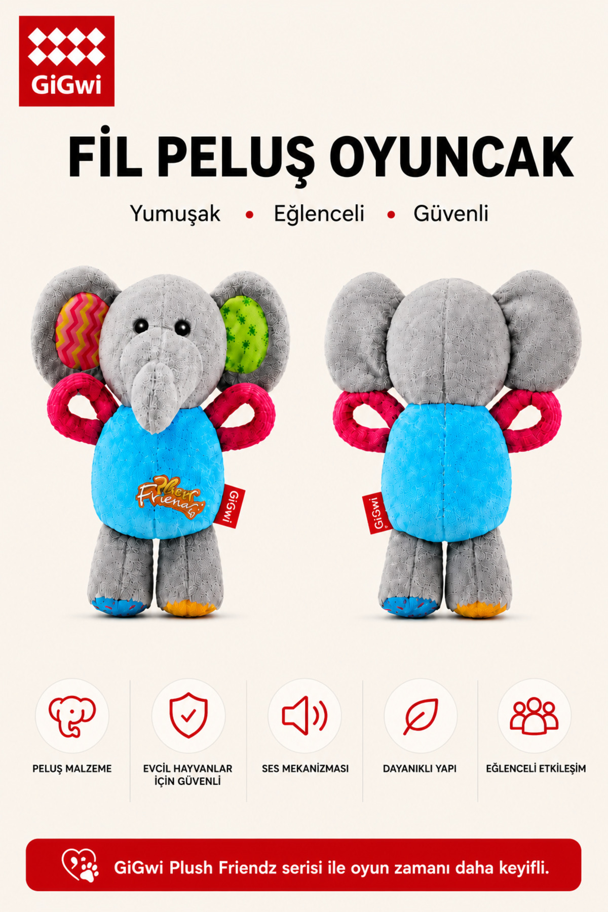 اسباب‌بازی عروسکی فیل برای سگ، صدادار و خش‌خش‌دار، سری Plush Friendz، گیگ‌وی GiGwi خاکستری