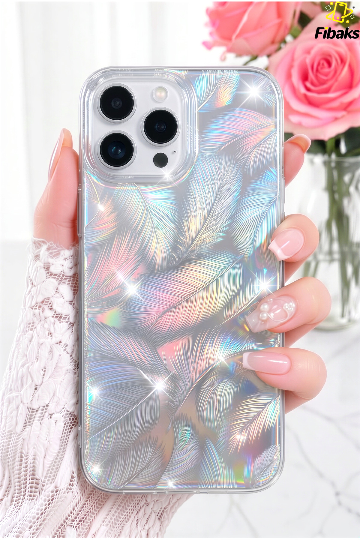 کاور و قاب محافظ دوربین جذب شوک با الگوی برگ سفید روشن هولوگرام سازگار IPHONE 16 PRO MAX فیبکس Fibaks