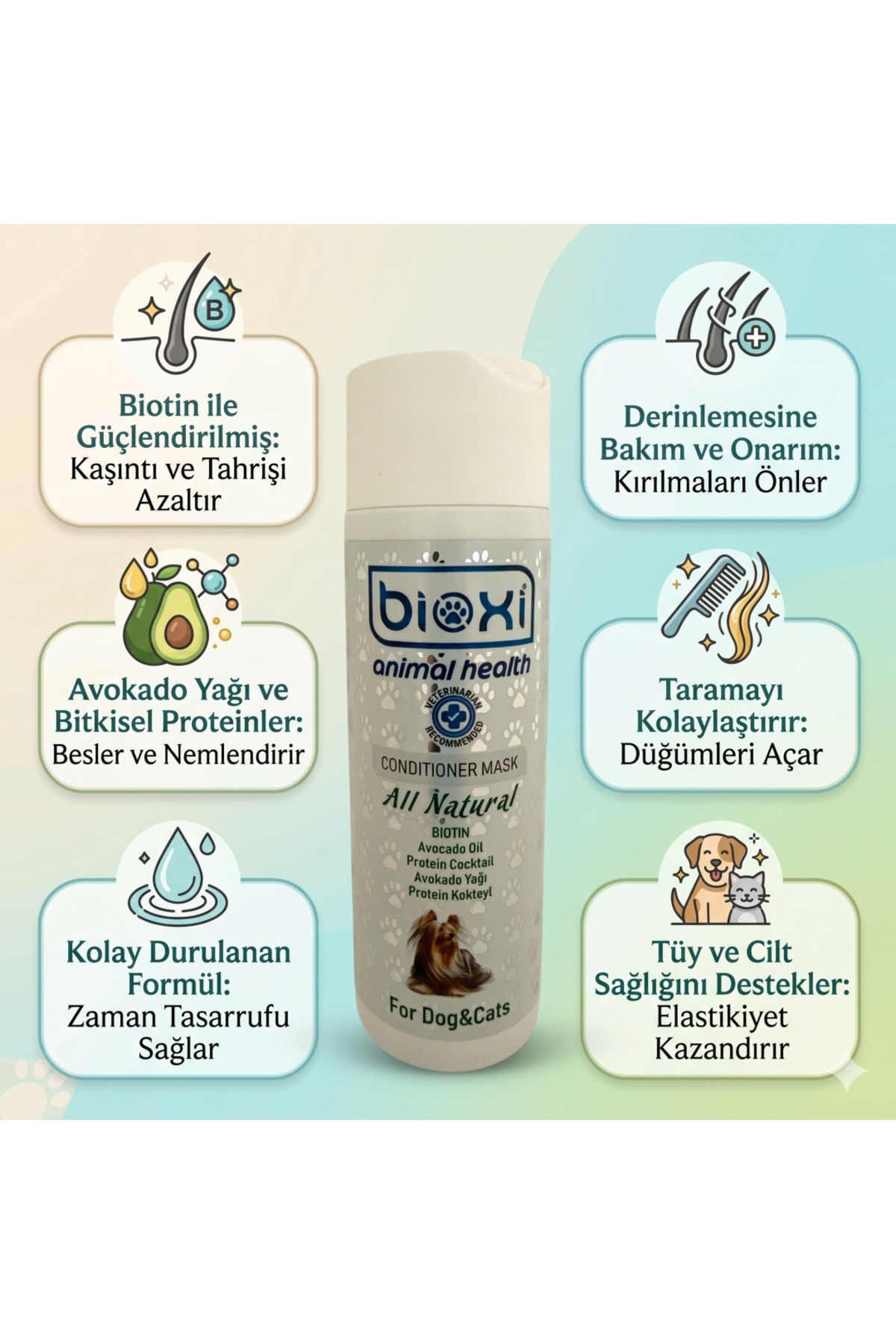ماسک مراقبت از موی گربه و سگ بایوکسی Bioxi مدل BXK0001، حاوی بیوتین، ۲۰۰ میلی‌لیتر
