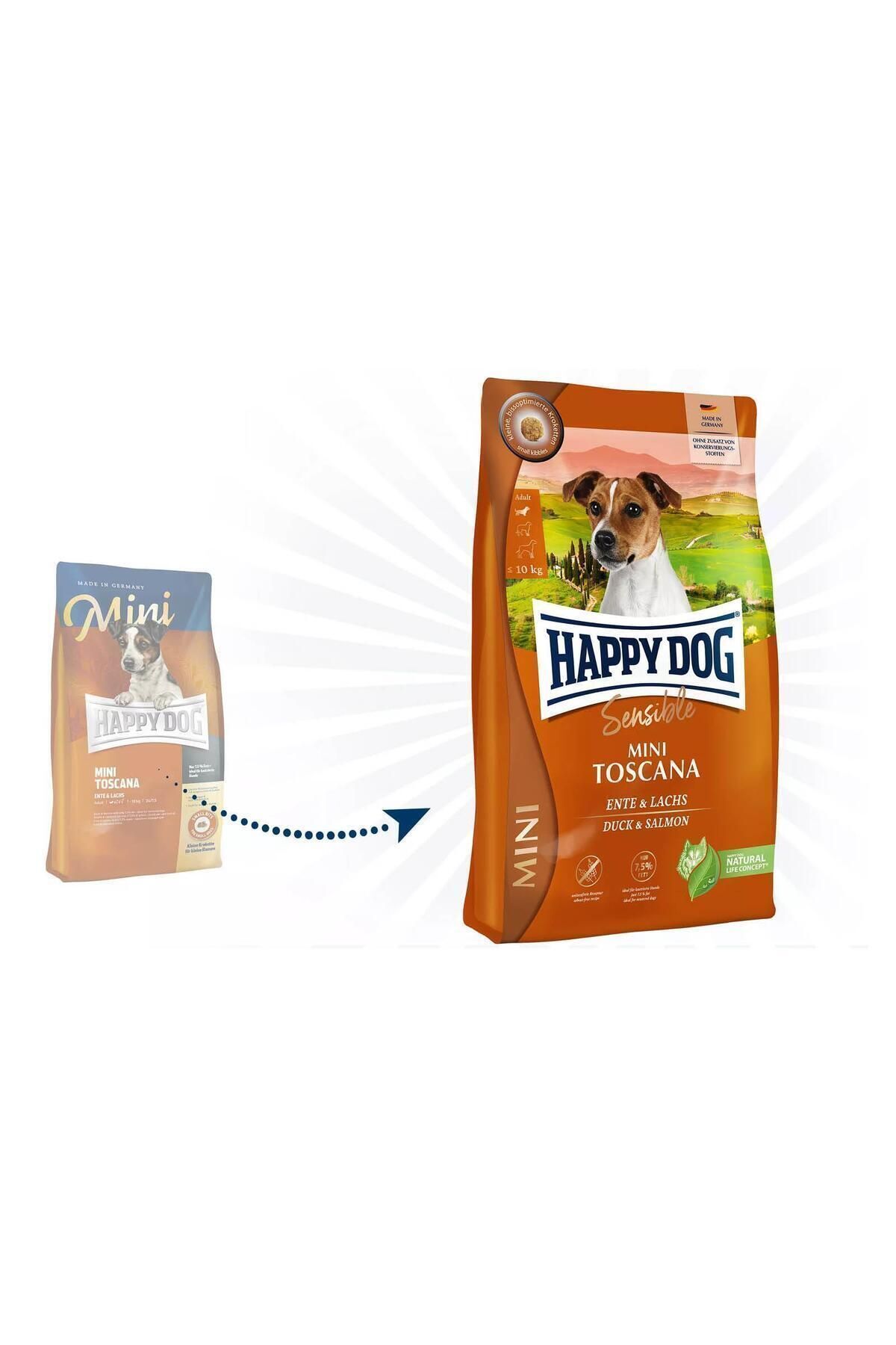 غذای خشک سگ عقیم‌شده نژاد کوچک با اردک و سالمون هپی داگ Happy Dog، سری Mini Toscana، ۴ کیلوگرم