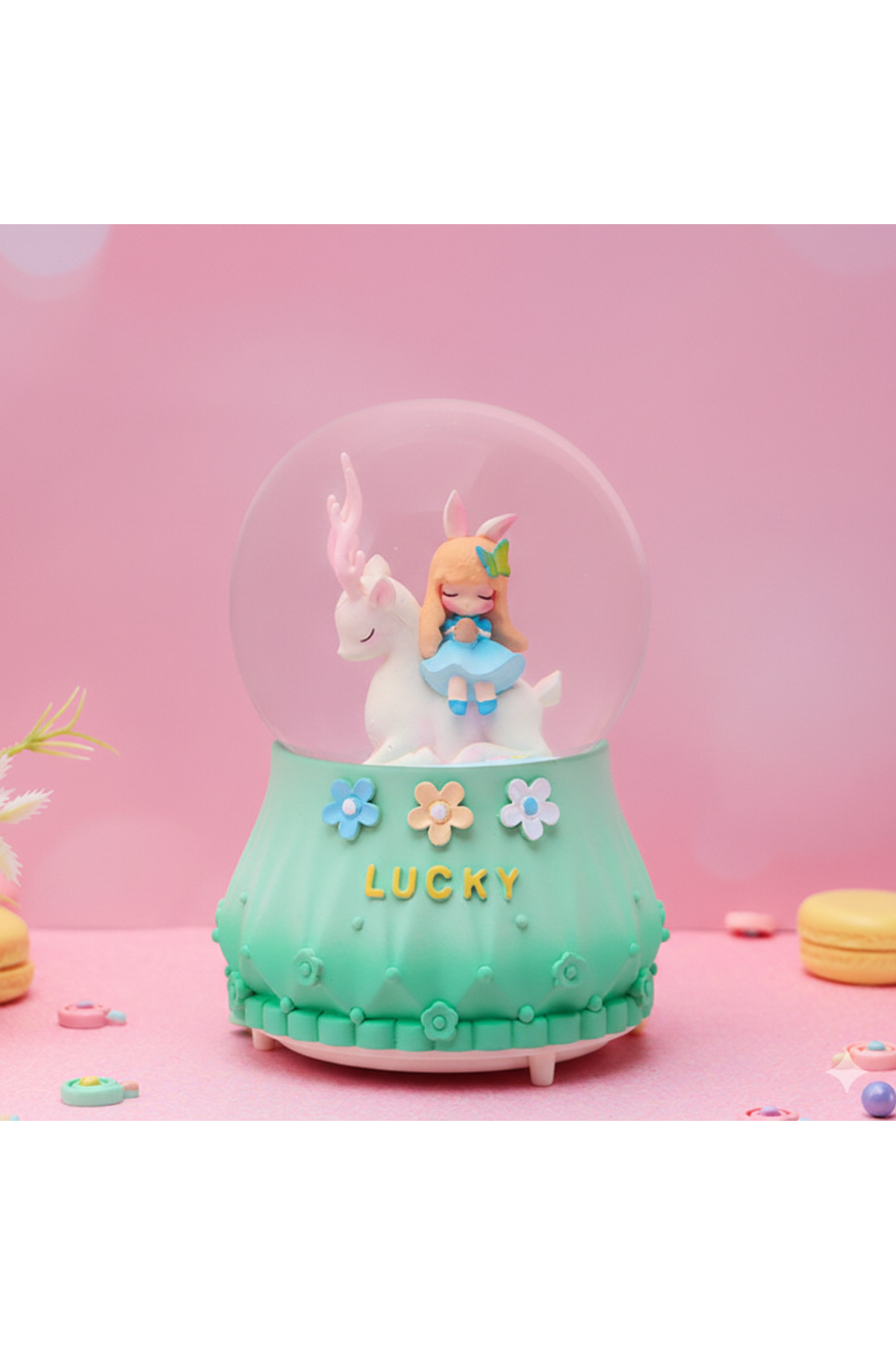 گوی برفی SNOW GLOBE سایز بزرگ دختر خوش شانس با نور موسیقی اسپری سبز 16X12 از ترکیه Livava
