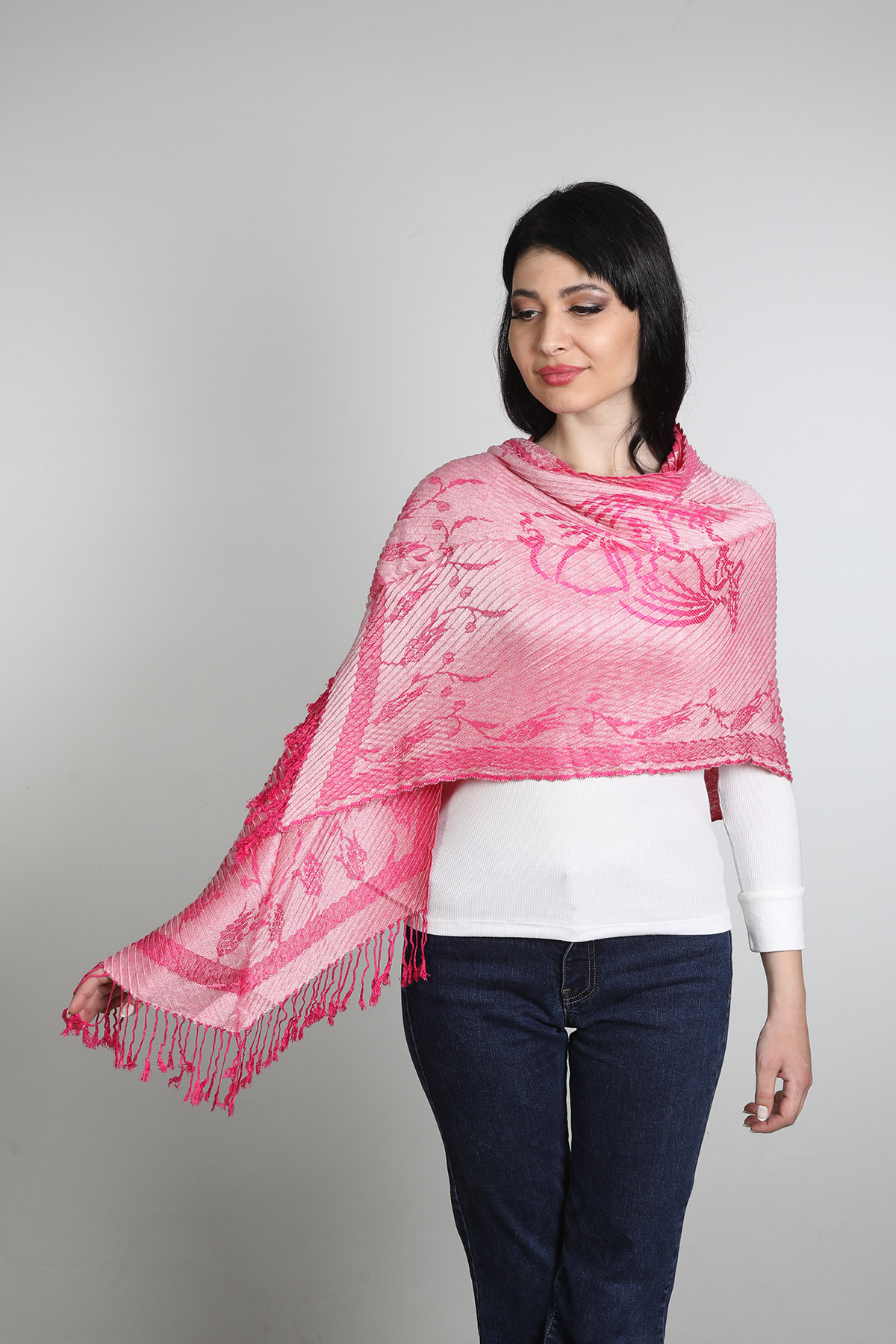 شال نخی زنانه میستیک Mystic، صورتی و بژ، مدل MS-342