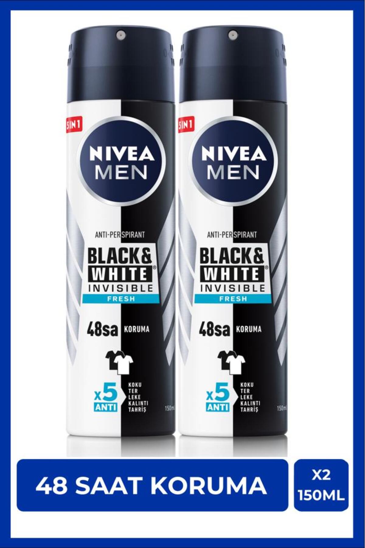 NIVEA اسپری ضد تعریق مردانه نیویا مخفی کننده لکه های سیاه و سفید تازه 150 میلی لیتر x2 عدد، محافظت ضد تعریق 48 ساعته