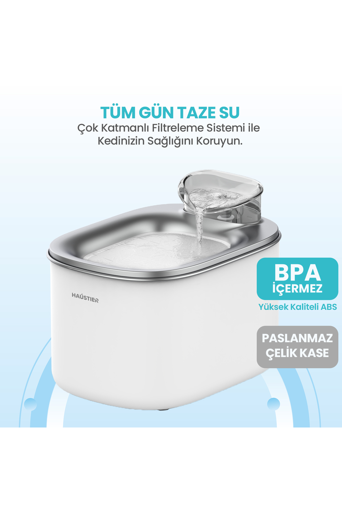 آبخوری فواره‌ای خودکار گربه هاوستیر Haustier مدل WF007L، مخزن ۳٫۵ لیتری و سینی فلزی unisex سفید