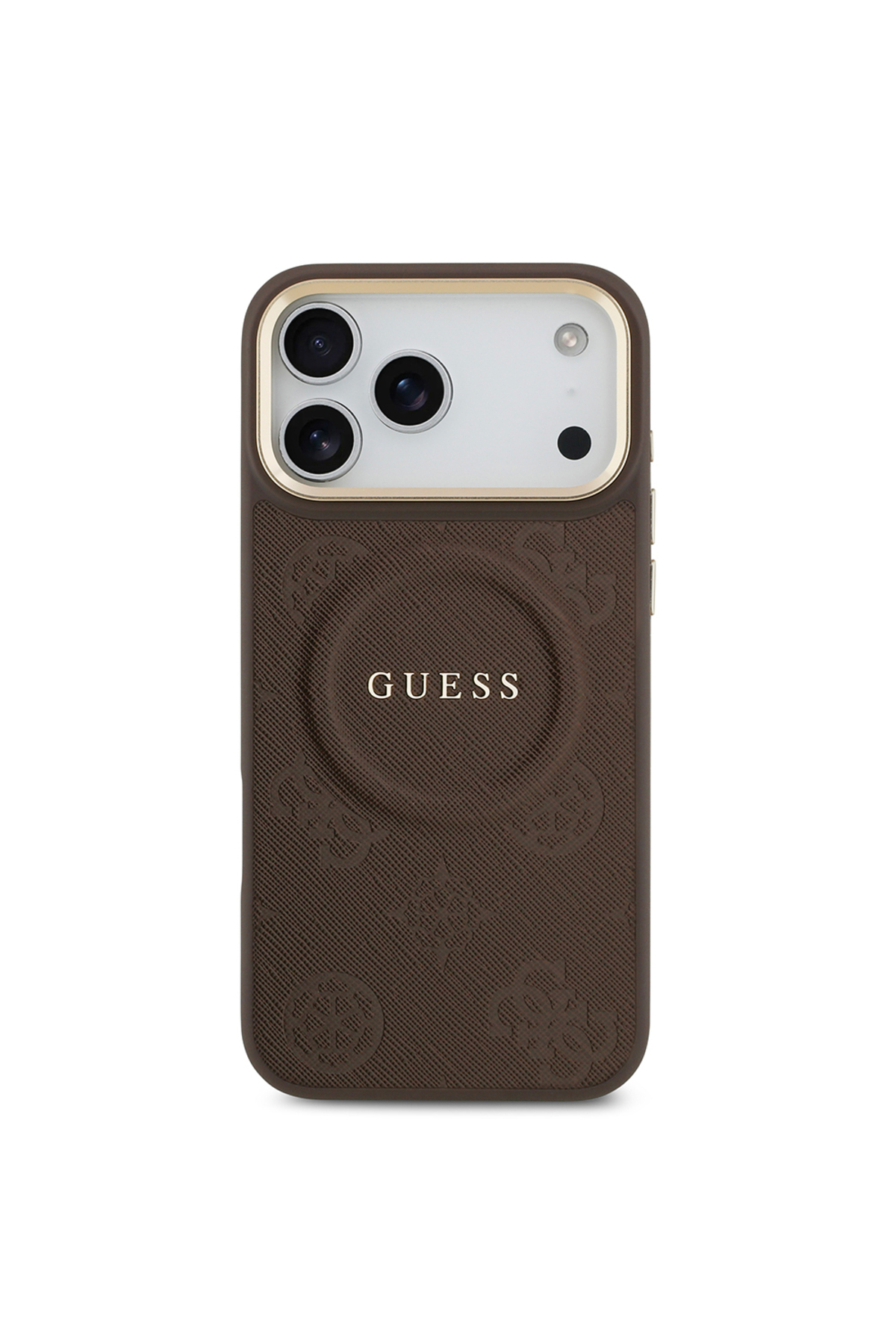 کاور و قاب سازگار با IPHONE 17 PRO MAX دارای مجوز M SAFE لوگوی متن چاپی داغ PU چرم گل صد تومانی قهوه ای اورجینال Guess