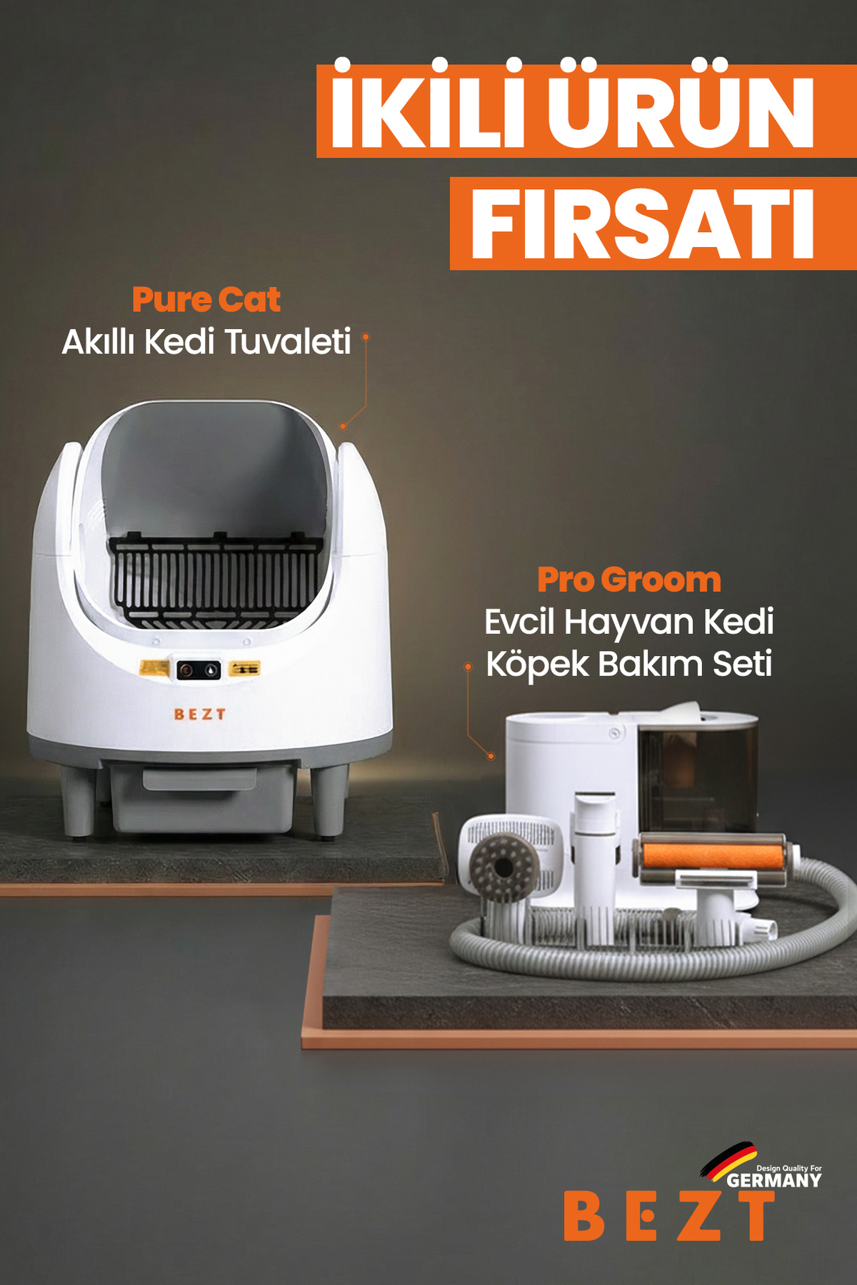 توالت هوشمند گربه بزت Bezt Pure Cat به‌همراه ست مراقبت Pro Groom، مدل BZT-PET25