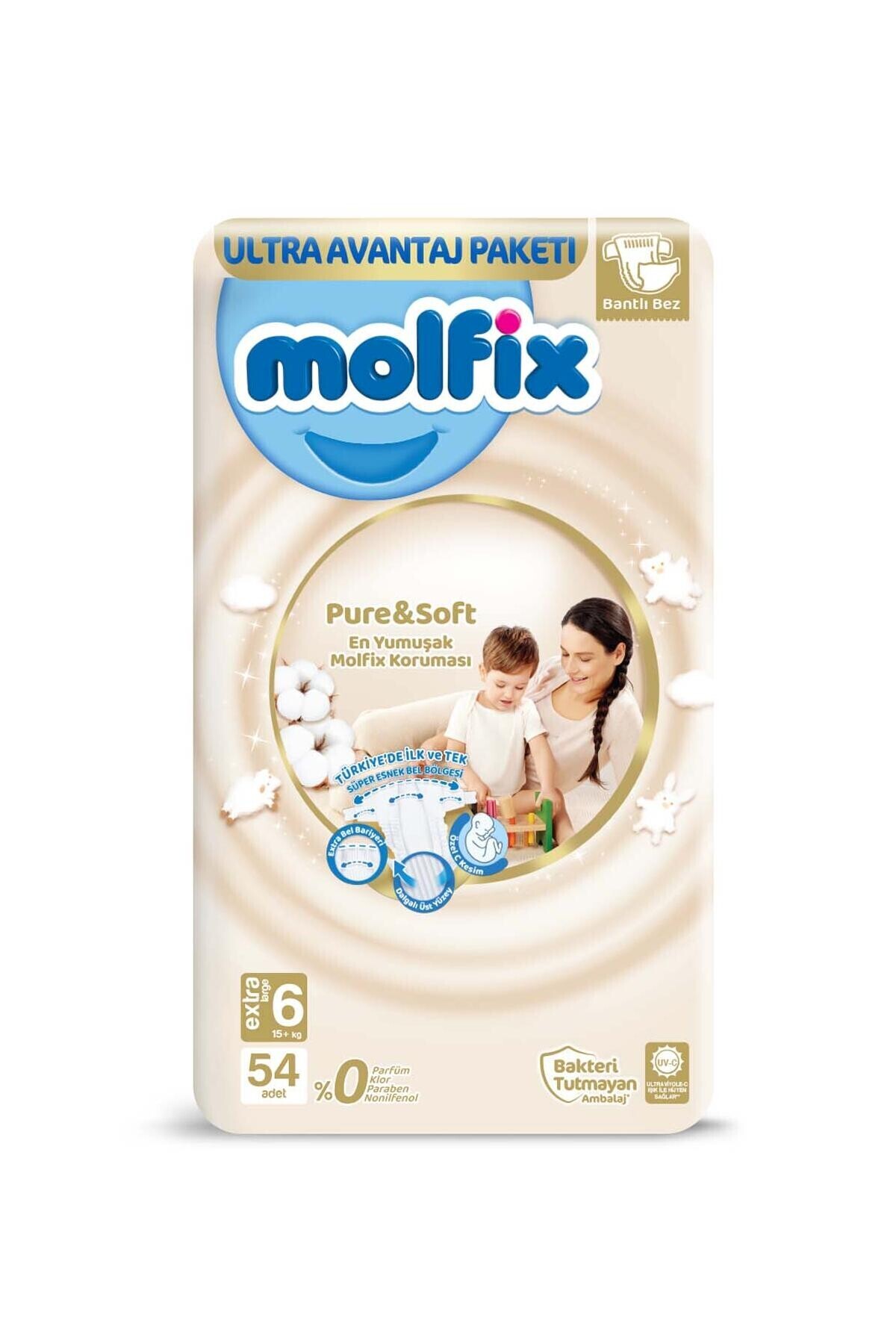 پوشک بچه PURE &amp; SOFT EXTRA LARGE سایز 6 54 عدد اورجینال Molfix