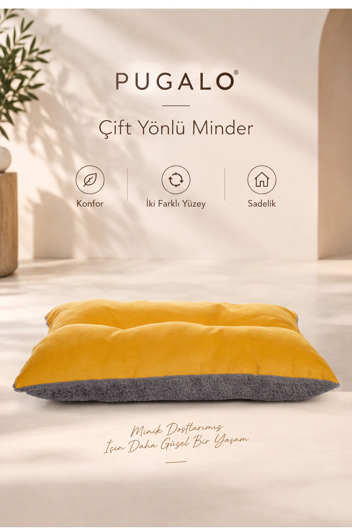 جای خواب دوطرفه گربه و سگ پوگالو Pugalo Pillow با رویه پولیش و پارچه، زرد