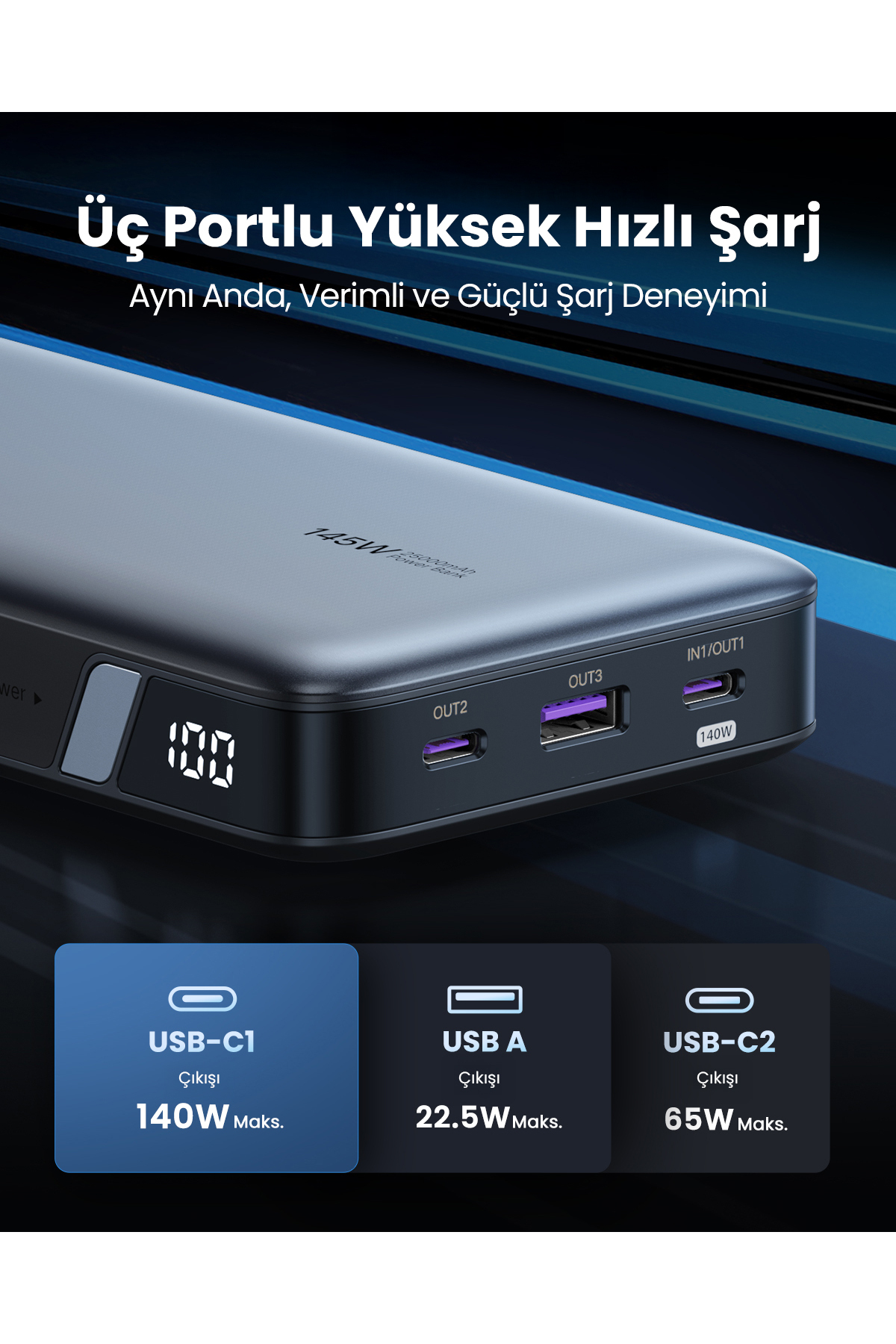 پاوربانک شارژر سریع قابل حمل 25000 میلی آمپر ساعتی PD QC با نشانگر LED PB205 اورجینال Ugreen