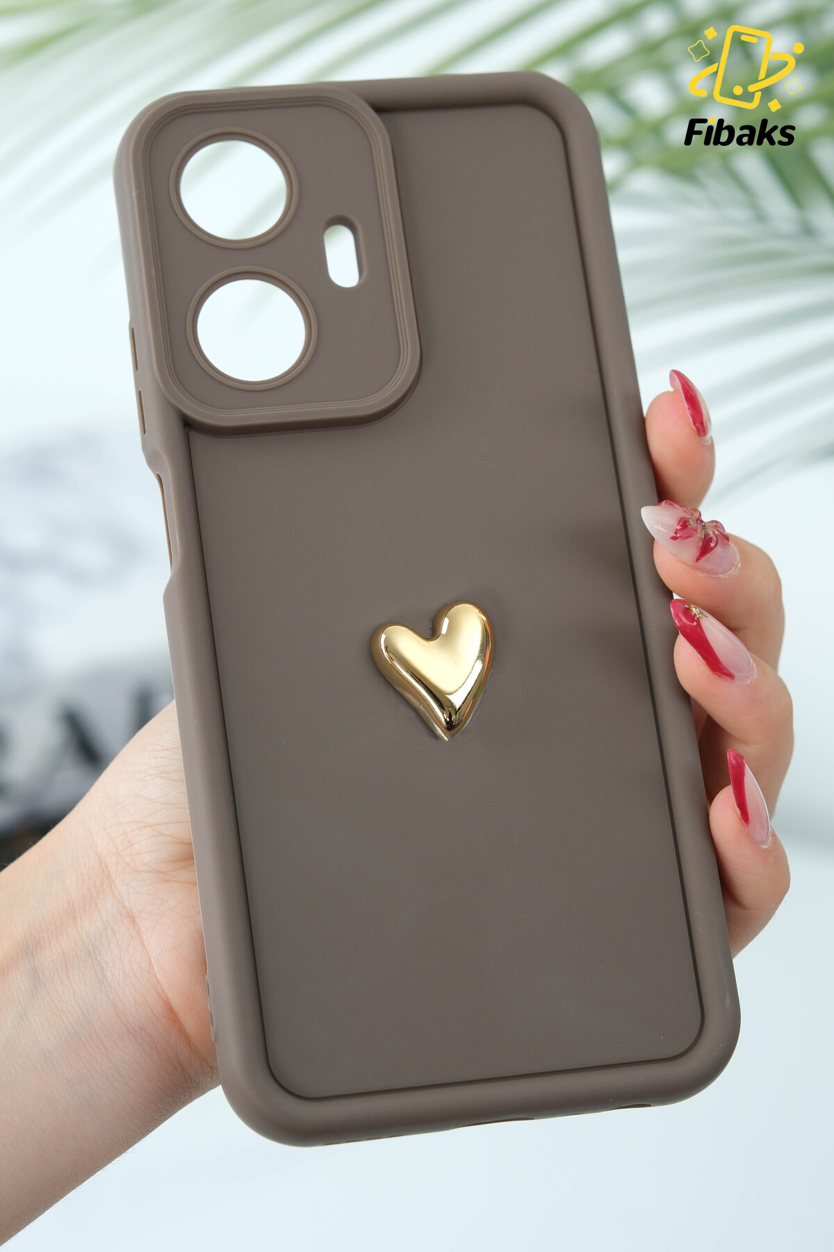 کاور و قاب 3 بعدی قلب REALME C55 با طرح محافظ سیلیکونی دوربین نرم قهوه ای فیبکس Fibaks
