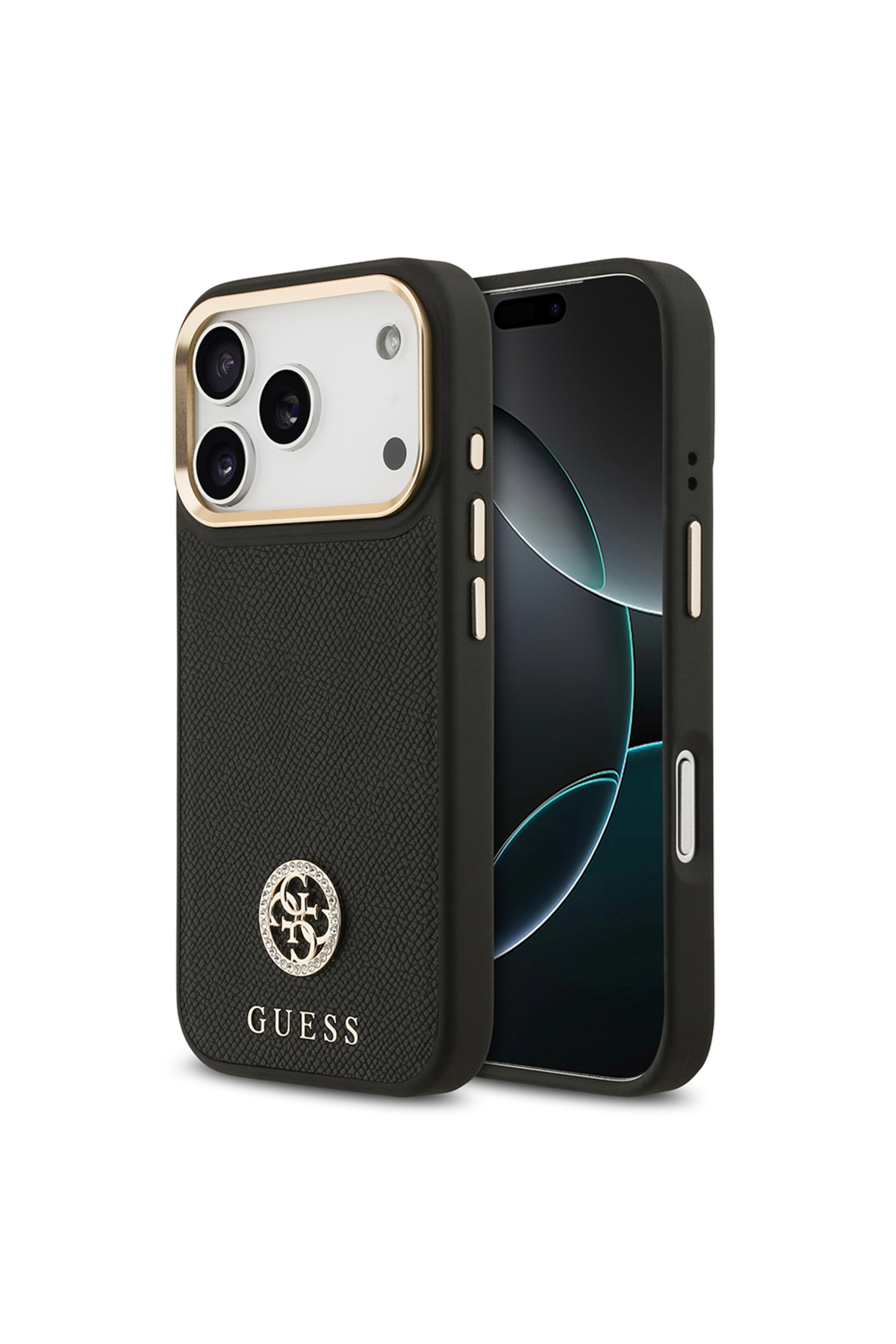 کاور و قاب سازگار با IPHONE 17 PRO دارای مجوز M SAFE GRAINED TEXT AND STONED 4G LOGO COVER مشکی اورجینال Guess
