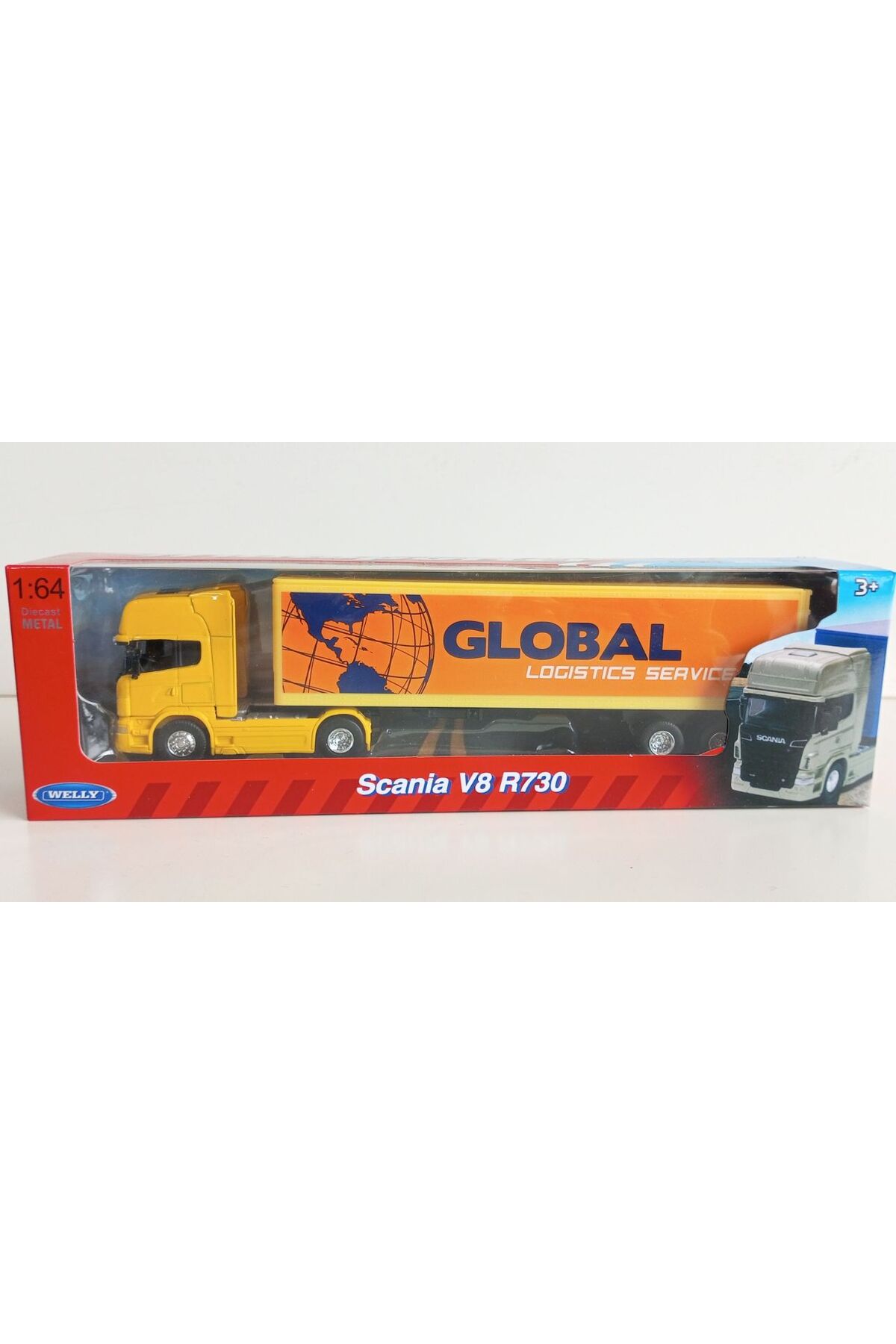 مدل خودرو تریلر 1:64 SCANIA V8 R730 زرد اورجینال WELLY