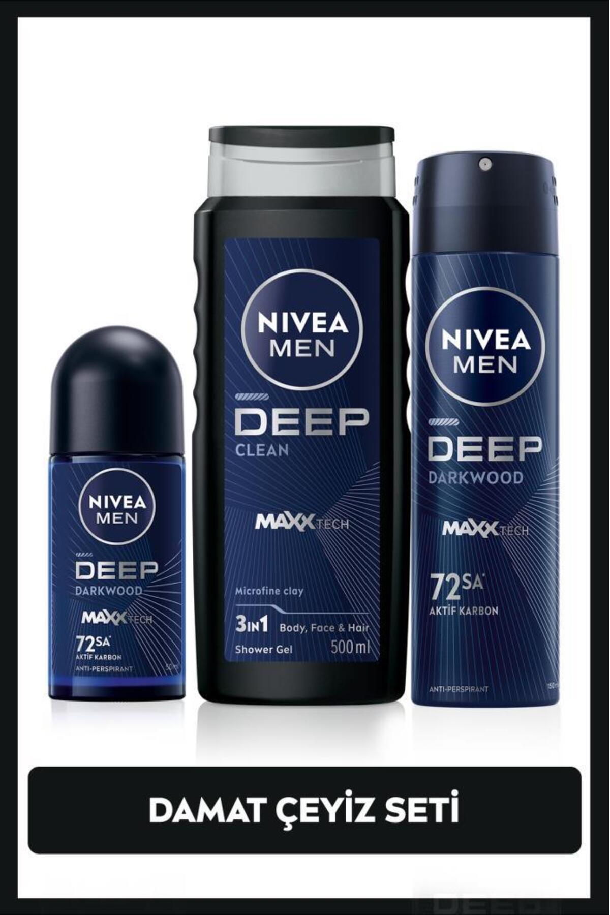 NIVEA ژل حمام عمق بخش مردانه 500 میلی لیتر، اسپری ضد عرق 150 میلی لیتر، رول ضد عرق 50 میلی لیتر