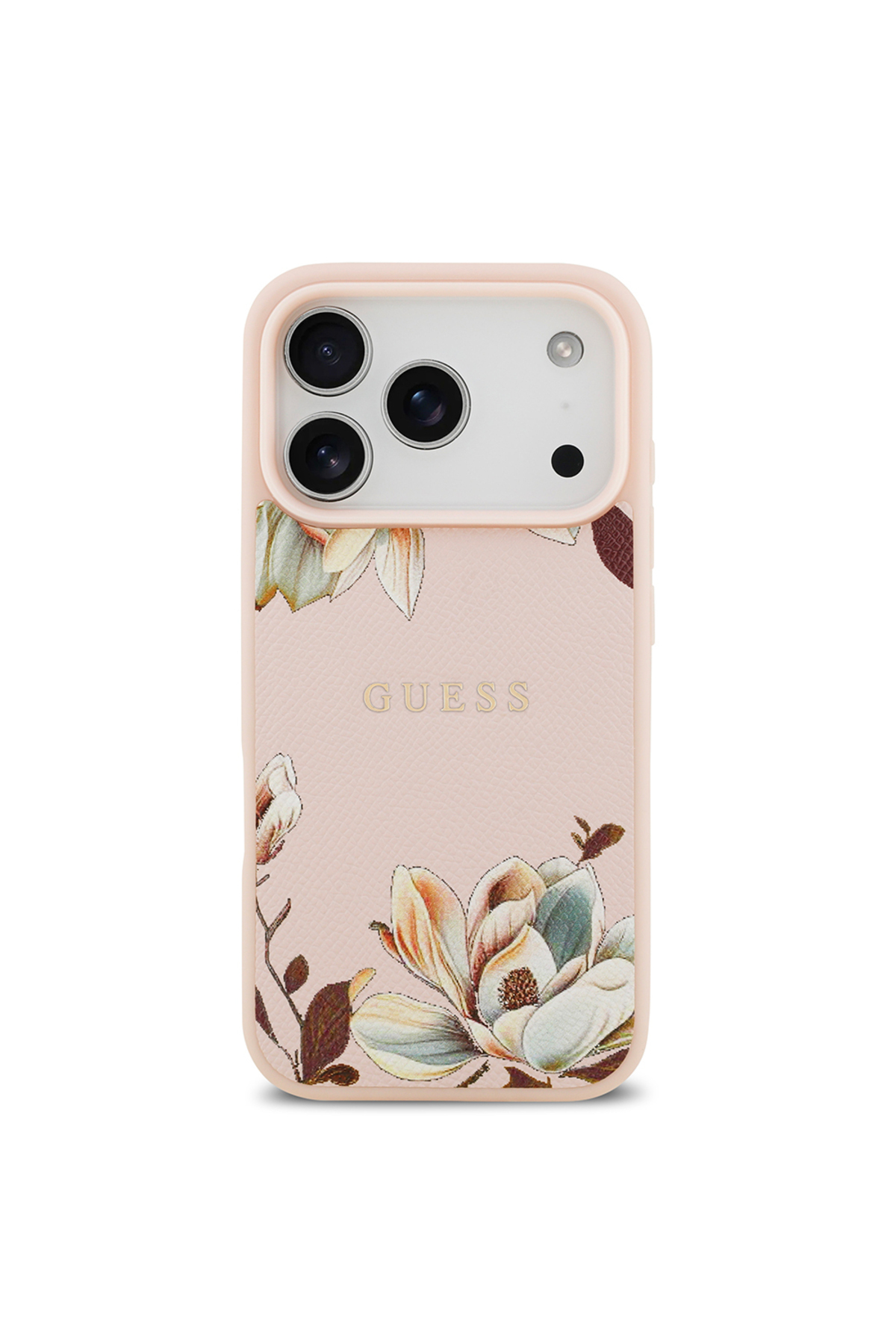 کاور و قاب سازگار با IPHONE 17 PRO دارای مجوز M SAFE طرح گل دانه ای فلزی لوگوی متنی صورتی اورجینال Guess