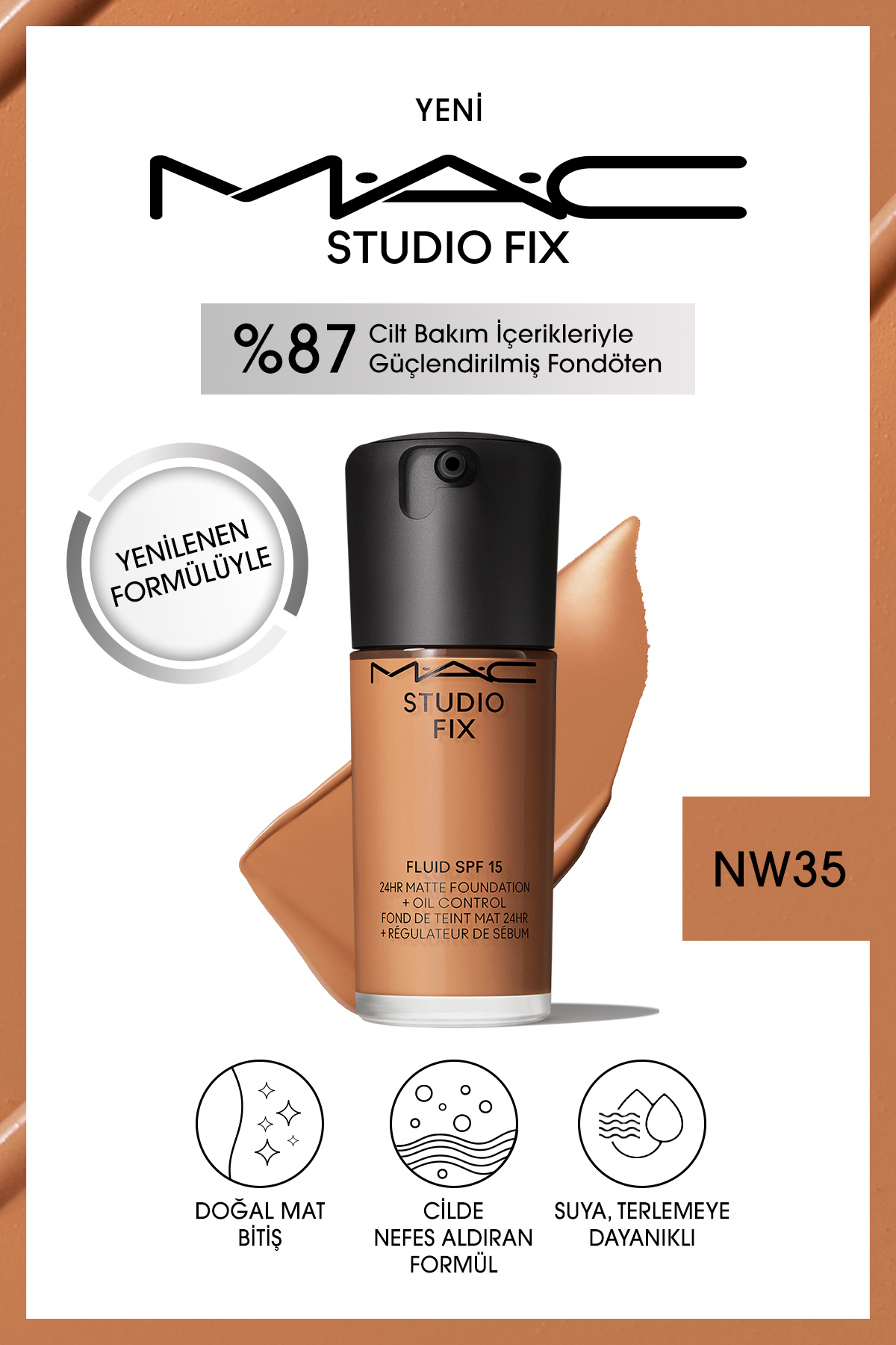 کرم پودر بنیاد MATT دائمی تا 24 ساعت استودیو FIX FLUID SPF15 رنگ: NW35 30ML Mac