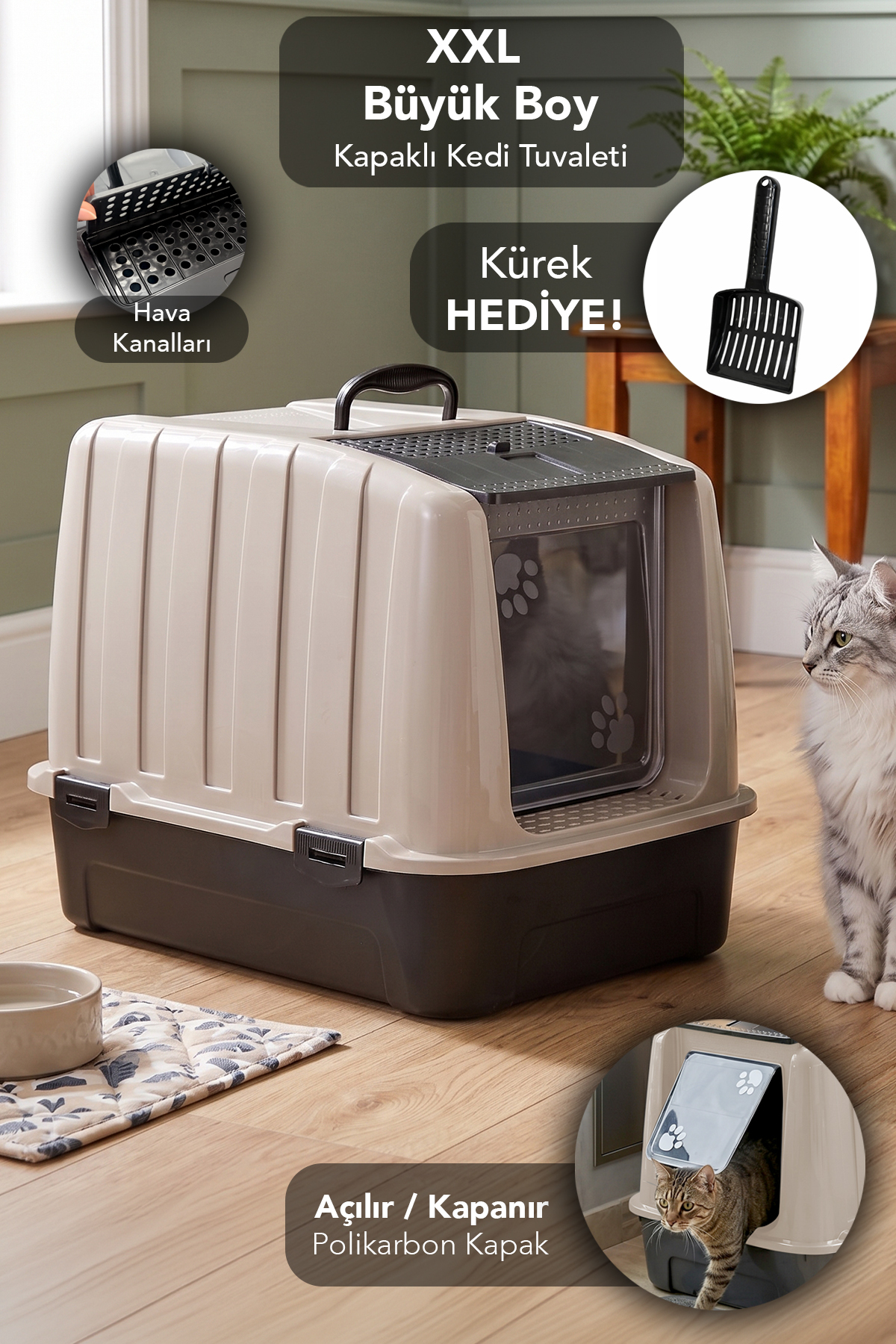 توالت سرپوشیده گربه ملنی هوم Meleni Home XXL، ۵۲×۳۸×۳۹ سانتی‌متر، بژ