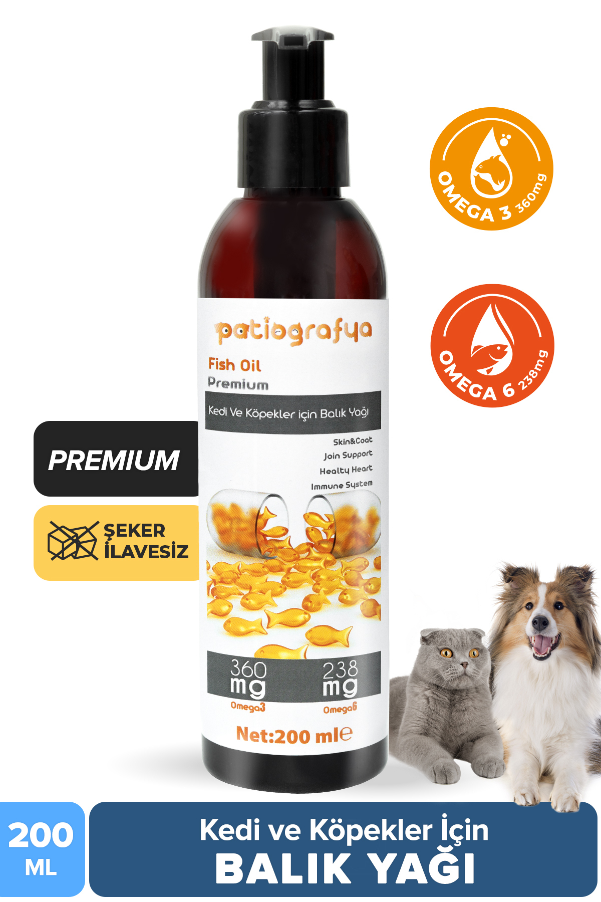 قطره روغن ماهی پاتیوگرافیا patiografya Premium برای گربه و سگ، حاوی امگا ۳ و ۶، مدل GA131