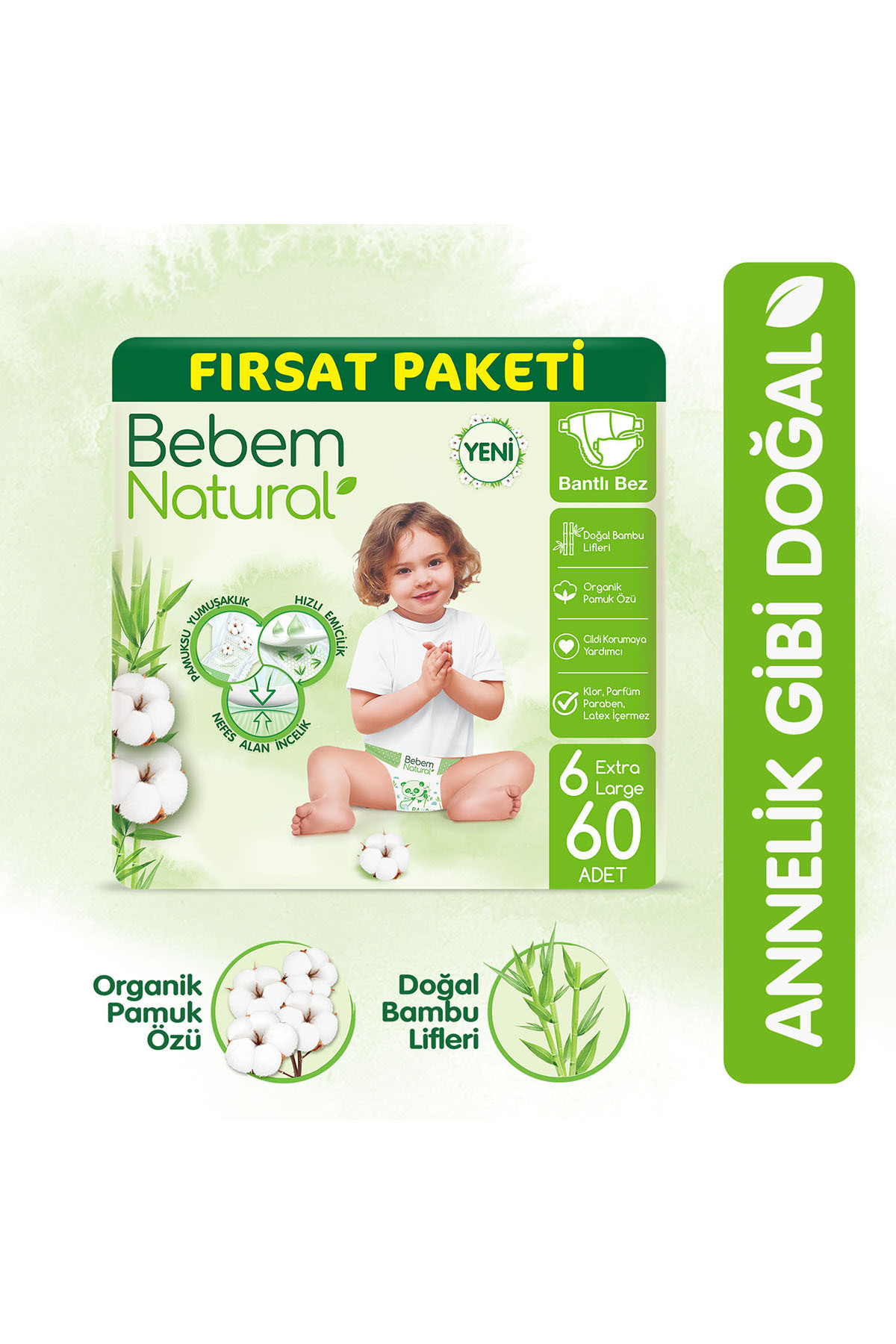 پوشک بچه سایز 6 بسته فرصت فوق العاده بزرگ 60 عدد اورجینال Bebem Natural