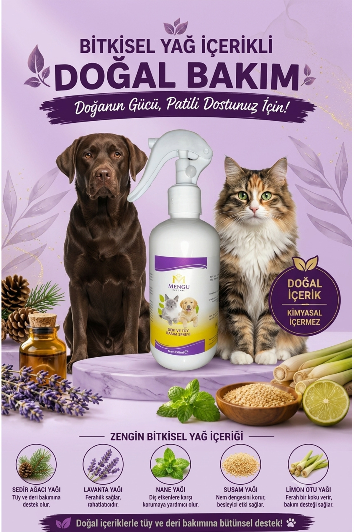 اسپری گیاهی گره‌بازکن و مراقبت از مو و پوست سگ و گربه منگو پت‌کر Mengu Petcare، ۲۵۰ میلی‌لیتر