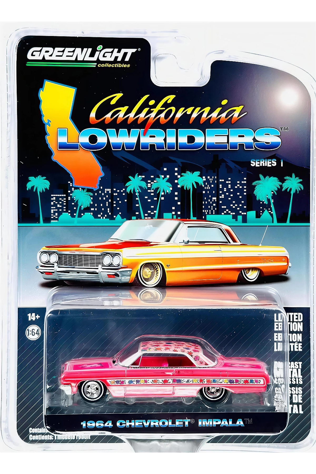 مدل خودرو 1:64 CALIFORNIA LOWRIDERS SERIES 1 1964 CHEVROLET IMPALA LOWRIDER PINK WITH ROSES اورجینال Greenlight