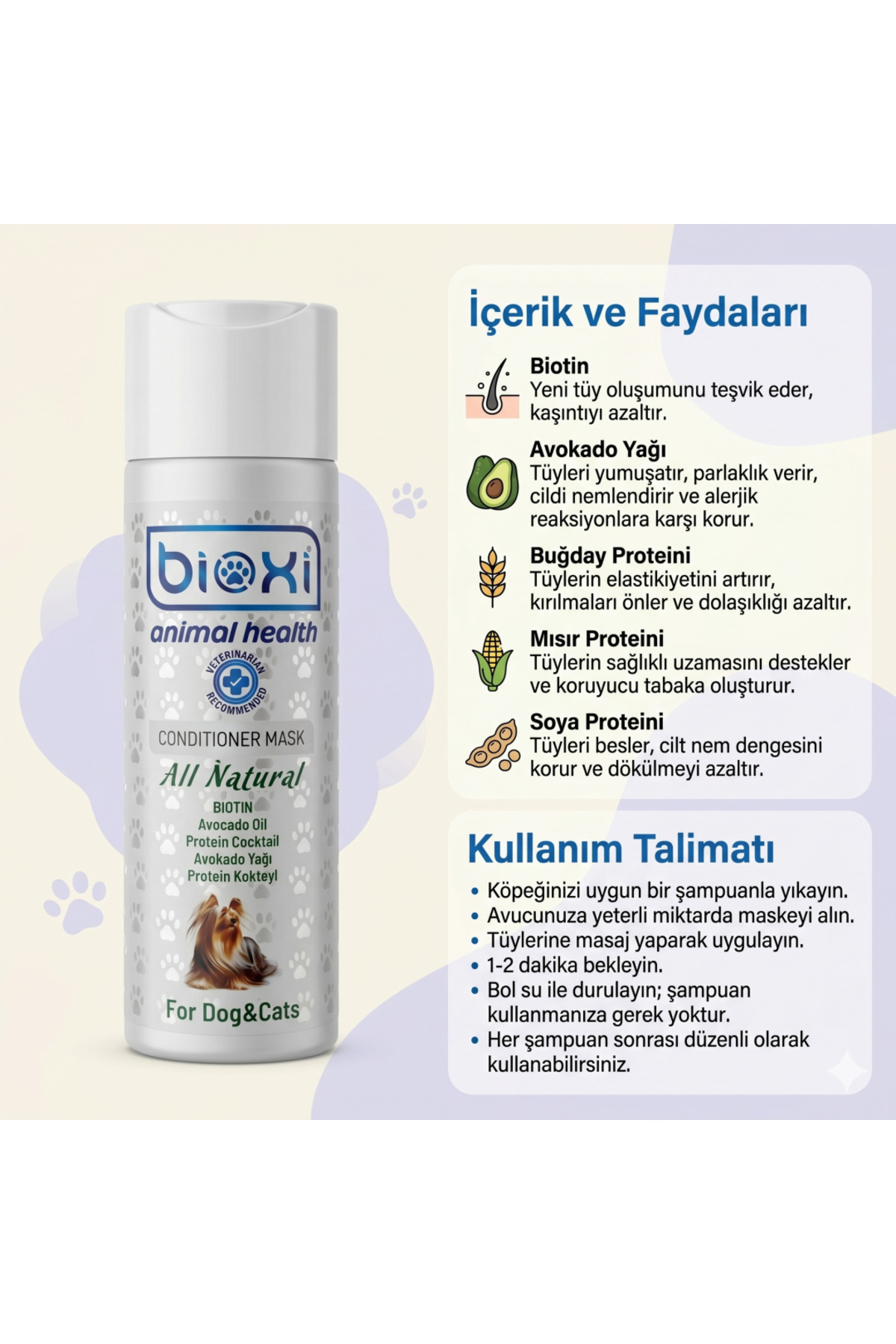 ماسک مراقبت از موی گربه و سگ بایوکسی Bioxi مدل BXK0001، حاوی بیوتین، ۲۰۰ میلی‌لیتر
