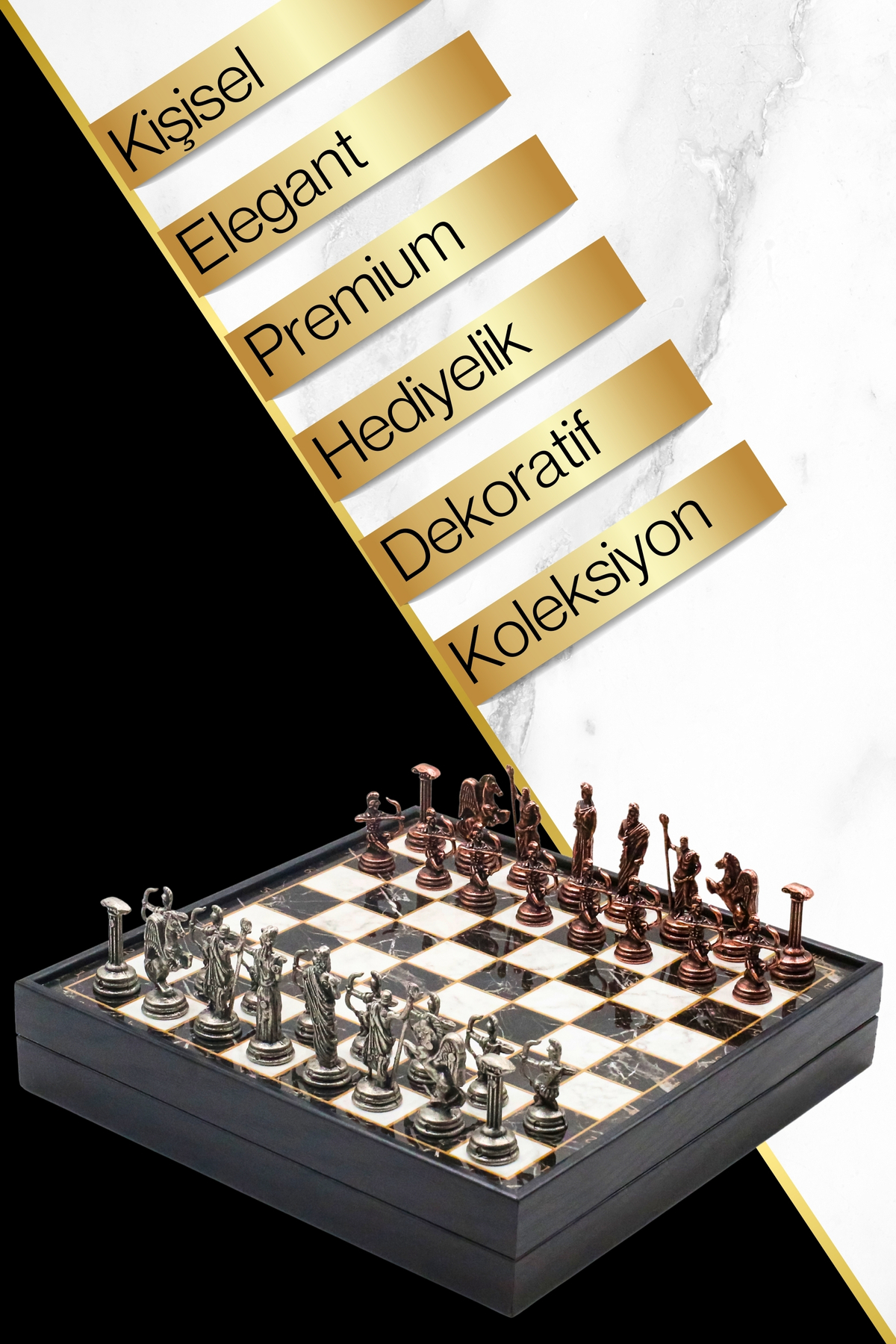 شطرنج ست فلزی برنز هدیه شخصی جعبه دار | 25 سانتی متر مرمر طرح اسطوره ای کماندار رومی Cooper Chess
