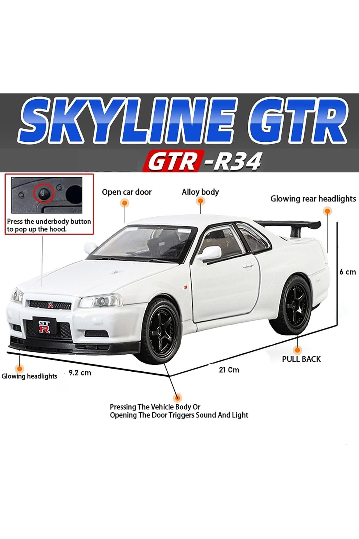 مدل خودرو NISSAN SKYLINE GTR R34 1:24 DIECAST METAL MODEL CAR COLLECTION سفید با صدا و نور اورجینال alpmodel