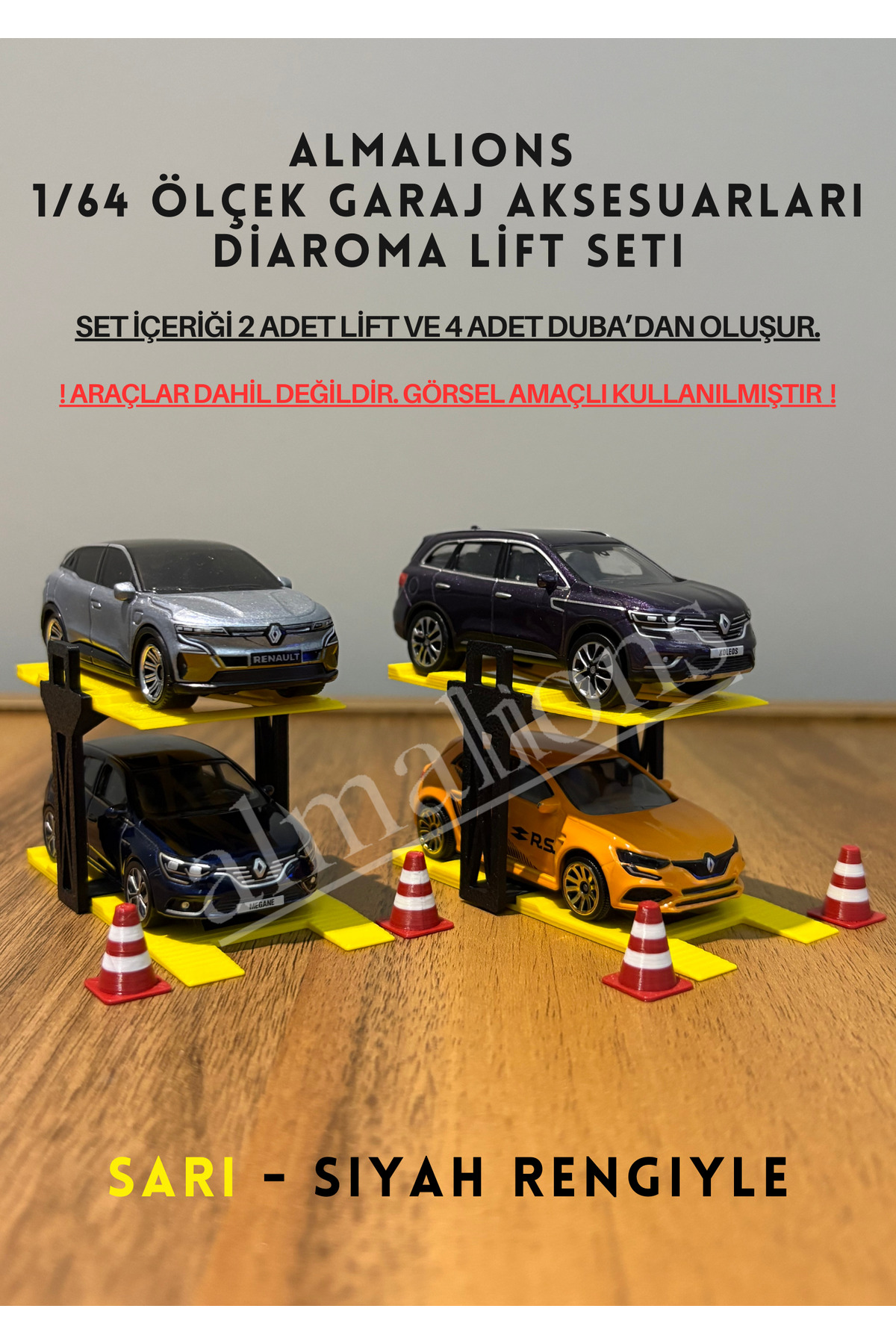 ماشین اسباب بازی 1 64 SCALE DIAROMA CAR LIFT 2 PIECES + 4 PONTOON GARAGE لوازم جانبی زرد مشکی almalions