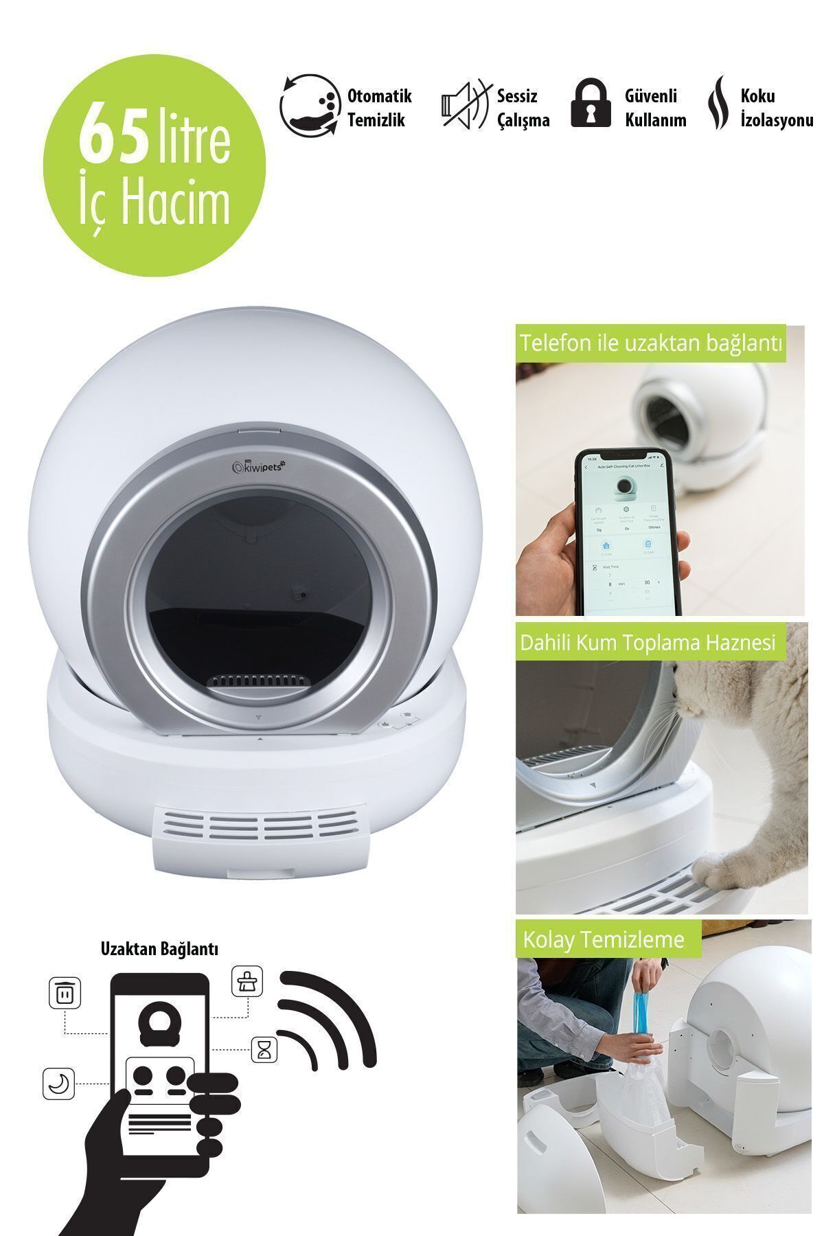 توالت گربه خودتمیزشونده خودکار کیوی Kiwi مدل Kplb-10770، ظرفیت ۶۵ لیتر