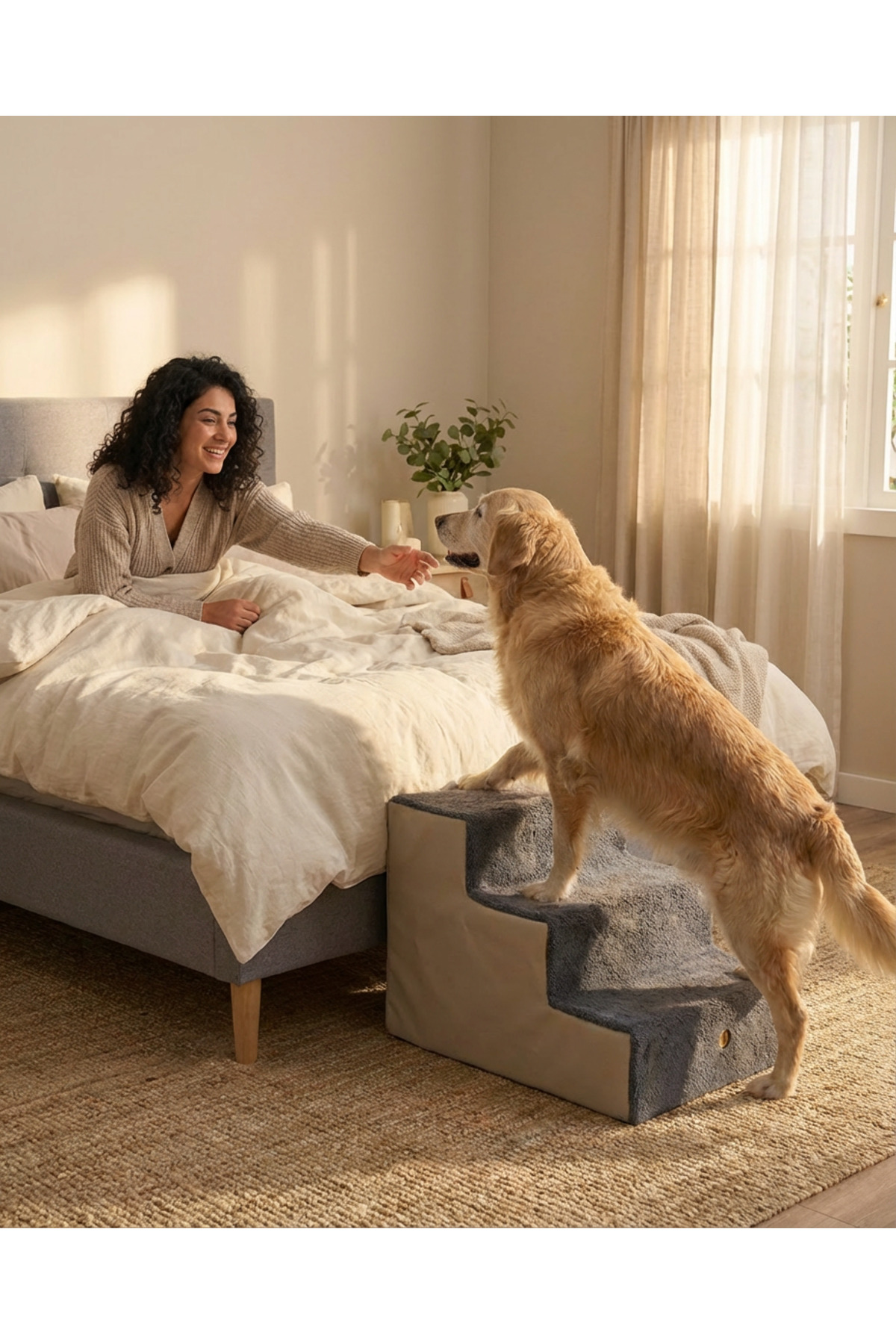 پله حیوانات خانگی هولدگ Holidog، پله‌ای ارتوپدی زیپ‌دار با اسفنج سفت، بژ