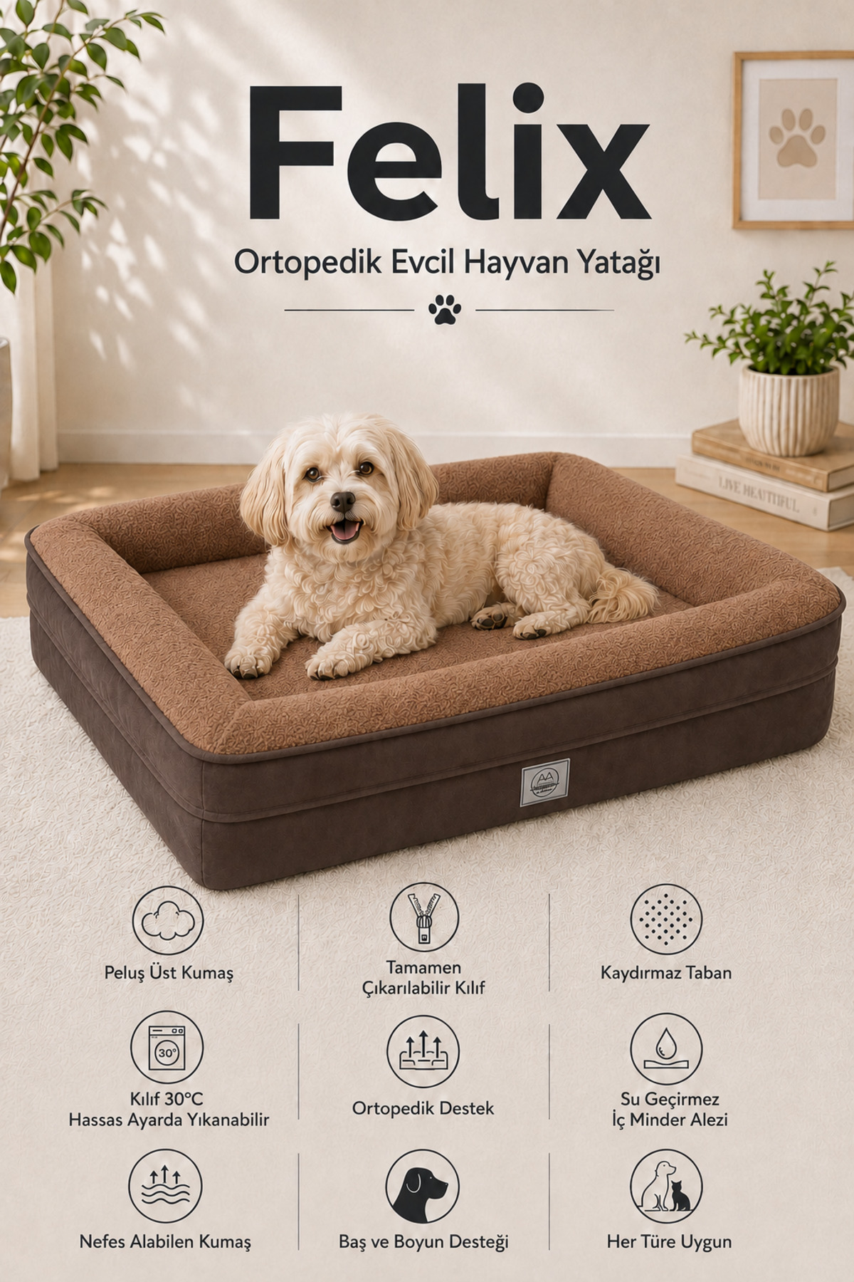 تخت گربه و سگ جونگولیکا پت پروداکتس Jungolica Pet Products Felix، مدل JPP38، با فوم ویسکو و روکش ضدآب قهوه‌ای