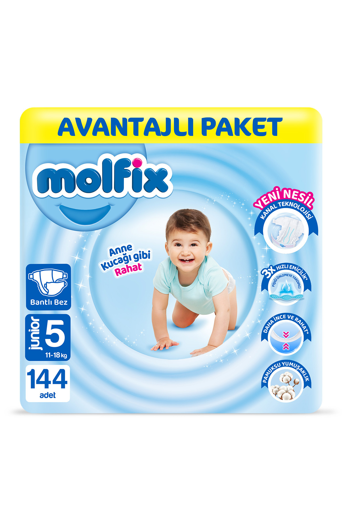 پوشک بچه سایز 5 جونیور مزیت بسته 144 عددی اورجینال Molfix