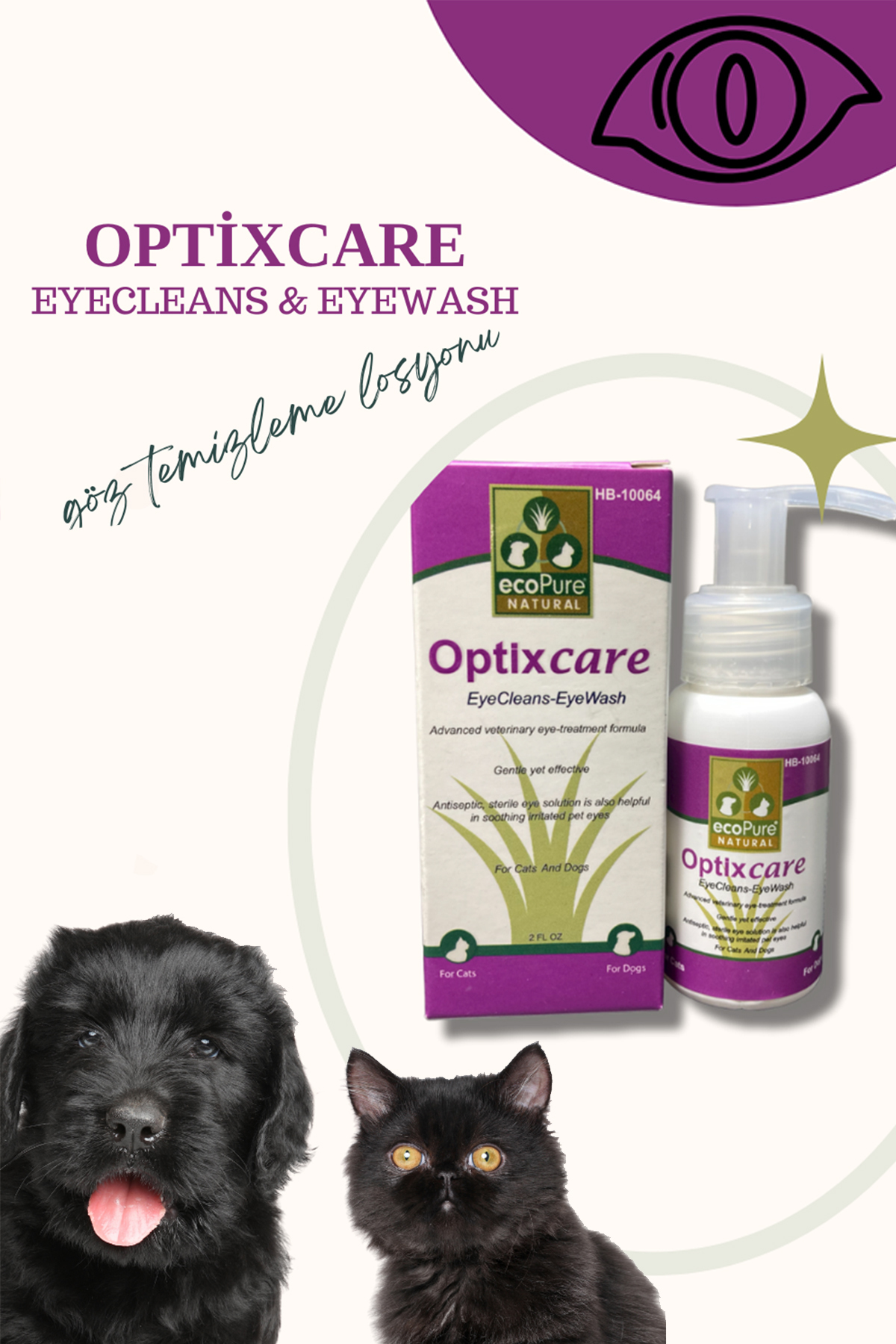 محلول پاک‌کننده چشم گربه و سگ اکوپیور Ecopure Optixcare، ۲ اونس